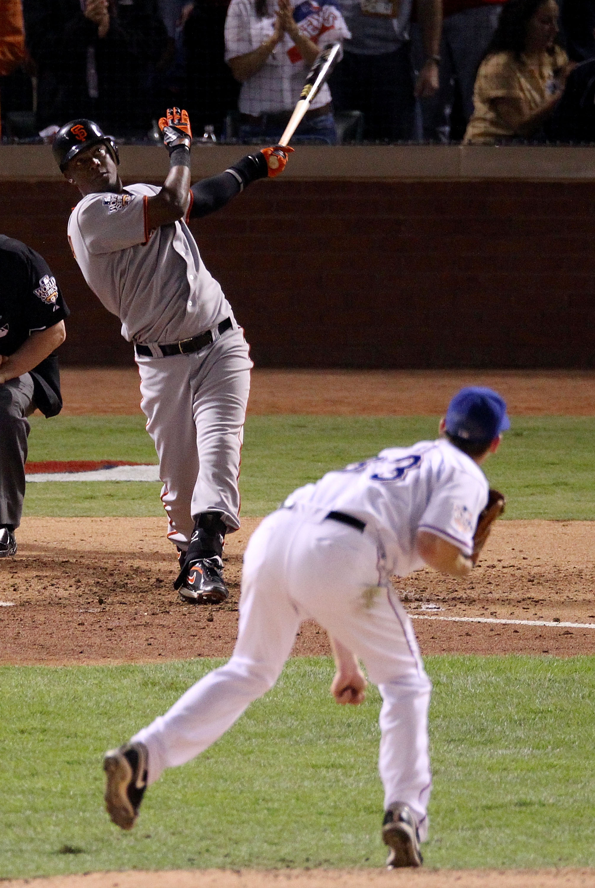 ARLINGTON, TX - NOVEMBER 01:  Edgar Renteria #16 of the San Francisco Giants hits a 3-run homer to centerfield against starting pitcher Cliff Lee #33 of the Texas Rangers in the top of the seventh inning of Game Five of the 2010 MLB World Series at Ranger