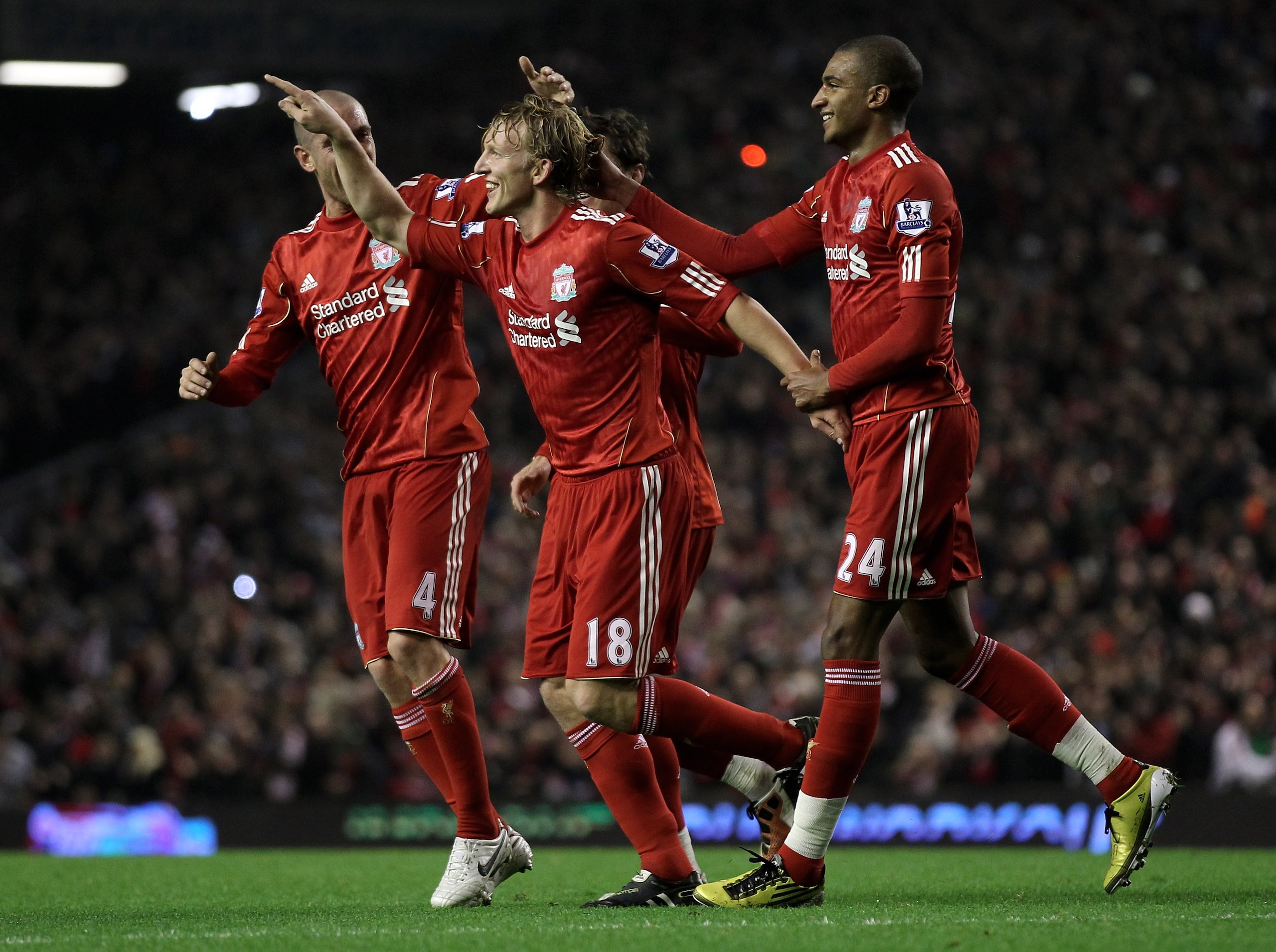 LIVERPOOL, ENGLAND - NOVEMBER 20:  Dirk Kuyt of Liverpool celebrates scoring his team's second goal with team mate David Ngog (R) during the Barclays Premier League match between Liverpool and West Ham United at Anfield on November 20, 2010 in Liverpool,