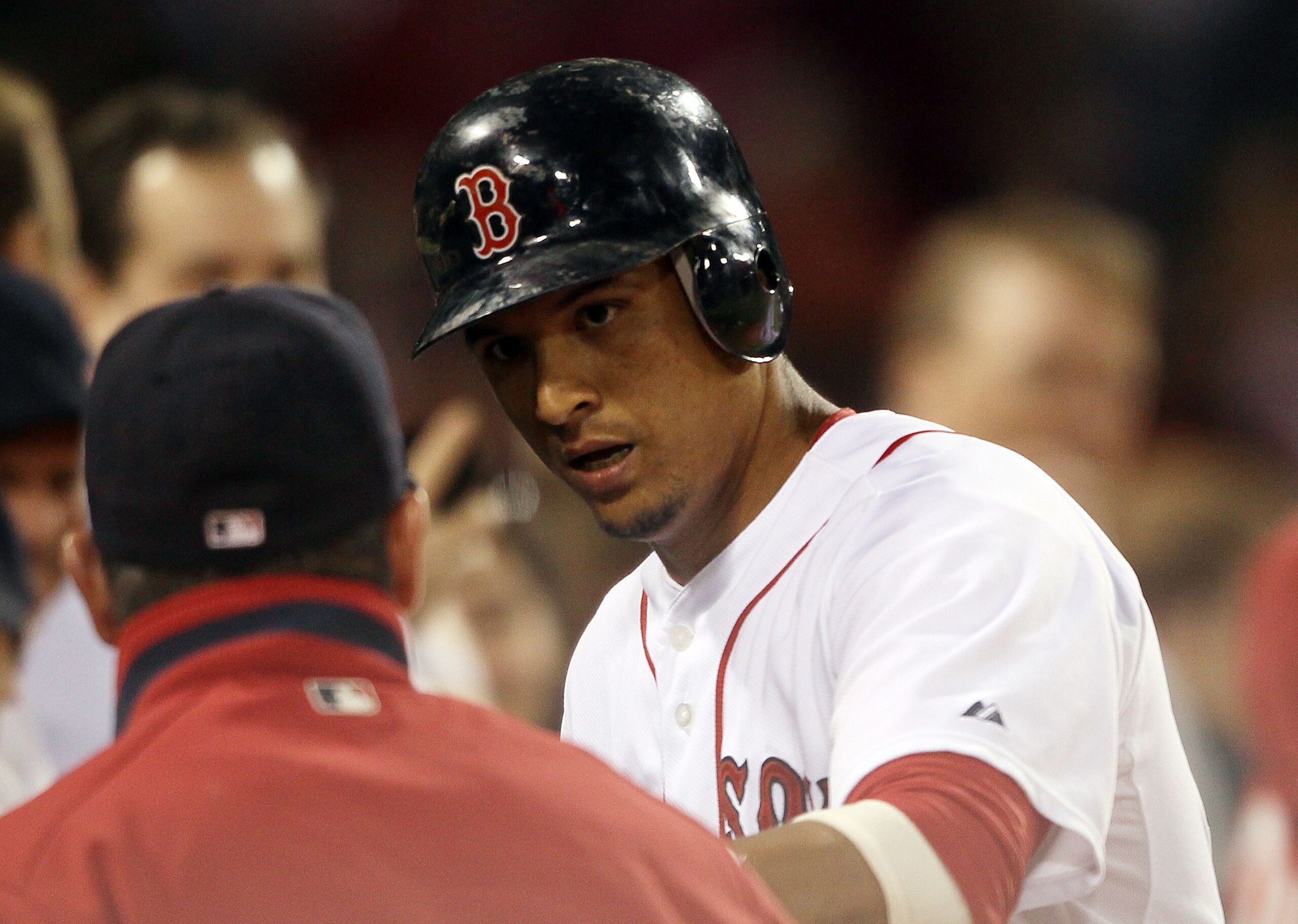 BOSTON - MAY 06: Victor Martinez #41 of the Boston Red Sox is congratulated in the dugout after he hit a two run homer in the third inning against the Los Angeles Angels of Anaheim on May 6, 2010 at Fenway Park in Boston, Massachusetts. (Photo by Elsa/G BOSTON - MAY 06: Victor Martinez #41 of the Boston Red Sox is congratulated in the dugout after he hit a two run homer in the third inning against the Los Angeles Angels of Anaheim on May 6, 2010 at Fenway Park in Boston, Massachusetts. (Photo by Elsa/G
