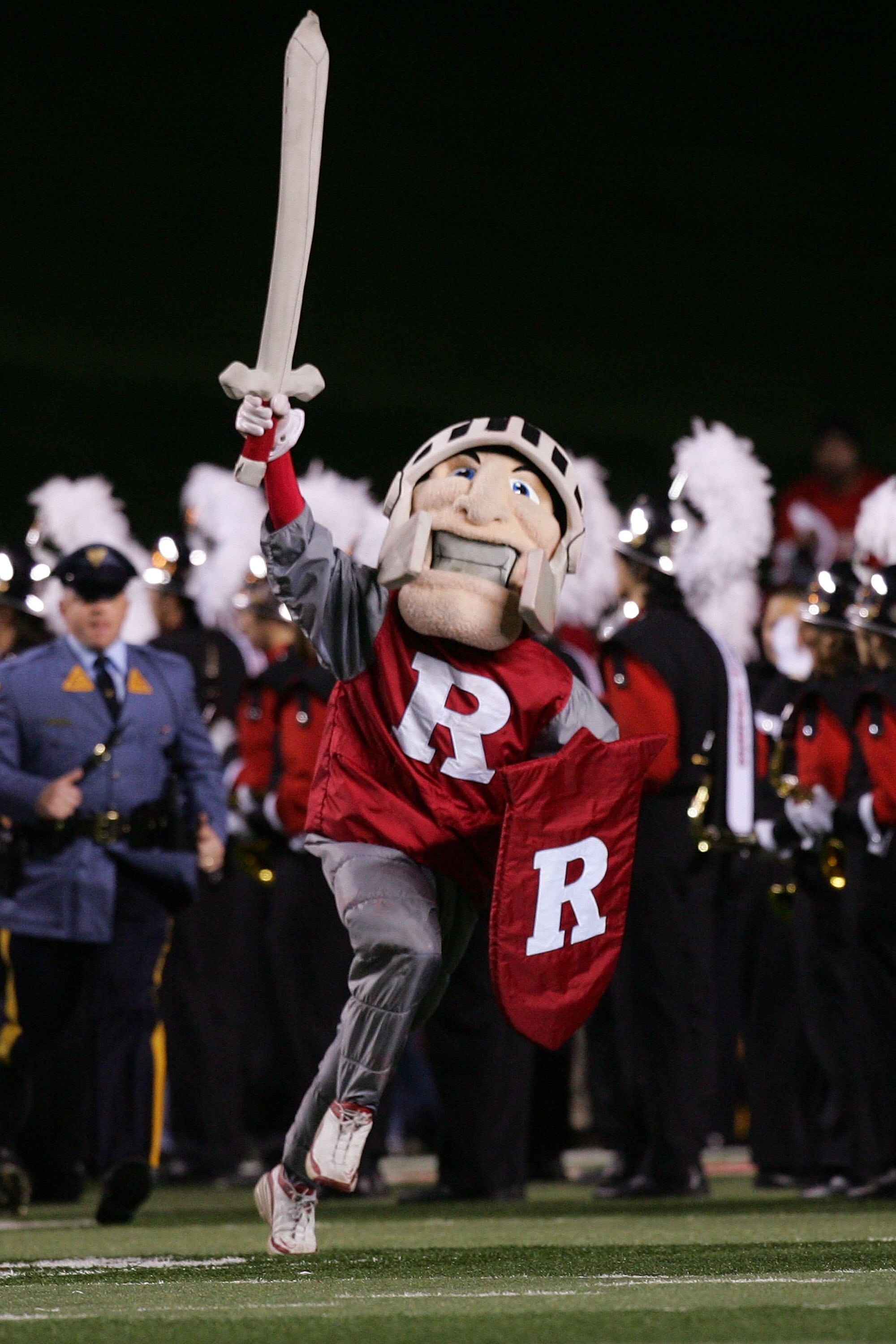 PISCATAWAY, NJ - NOVEMBER 09: The Rutgers Scarlet Knights mascot takes the field before a game against the Louisville Cardinals at Rutgers Stadium on November 9, 2006 in Piscataway, New Jersey.  (Photo by Jim McIsaac/Getty Images)