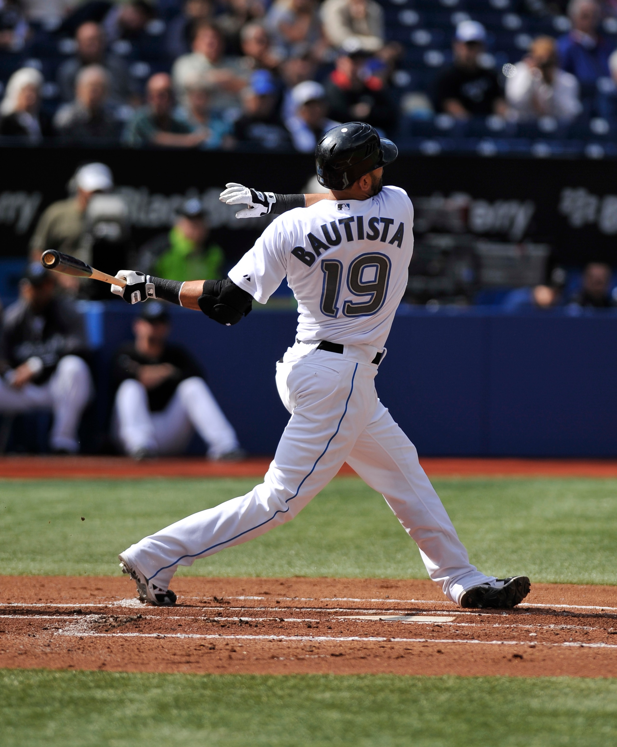 TORONTO - SEPTEMBER 23:   Jose Bautista #19 of the Toronto Blue Jays bats during the game against the Seattle Mariners on September 23, 2010 at Rogers Centre in Toronto, Ontario, Canada. The Blue Jays defeated the Mariners 1-0. (Photo by Brad White/Getty