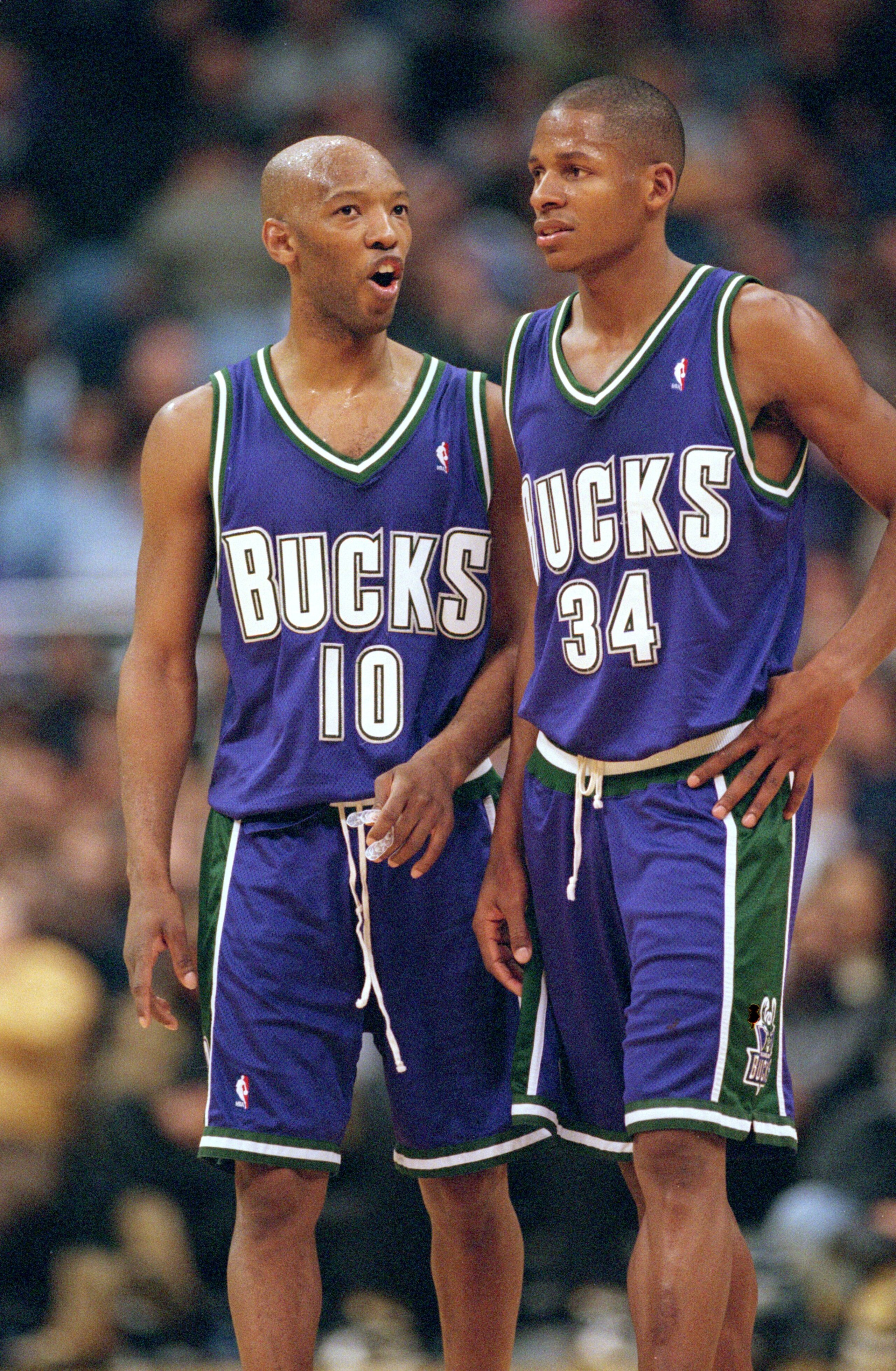 12 Dec 2000: Sam Cassell #10 and Ray Allen #34 of the Milwaukee Bucks talk about a play during the game against the Los Angeles Lakers at the STAPLES Center in Los Angeles, California. The Bucks defeated the Lakers 109-105. NOTE TO USER: It is expressly 12 Dec 2000: Sam Cassell #10 and Ray Allen #34 of the Milwaukee Bucks talk about a play during the game against the Los Angeles Lakers at the STAPLES Center in Los Angeles, California. The Bucks defeated the Lakers 109-105. NOTE TO USER: It is expressly