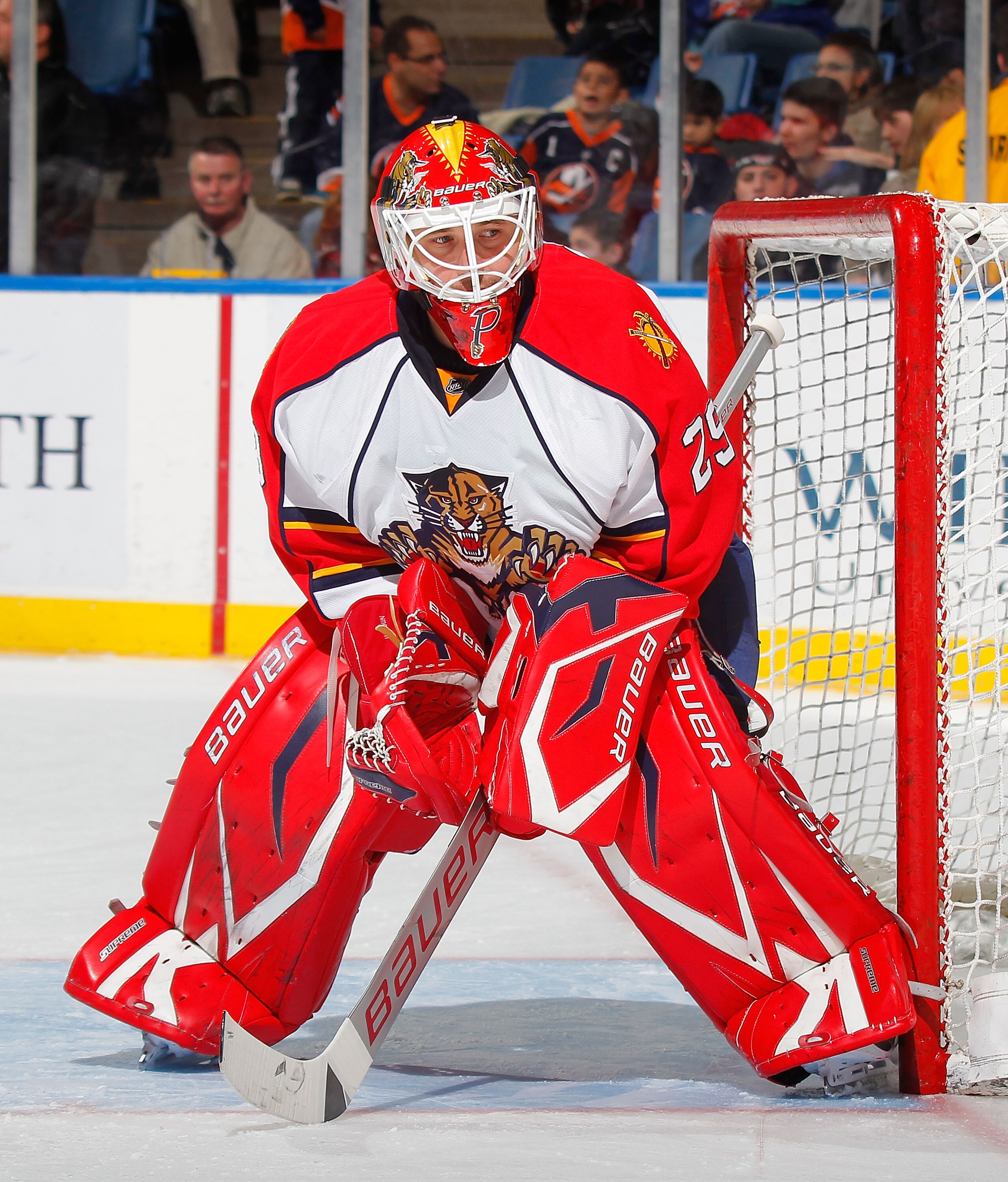 UNIONDALE, NY - NOVEMBER 20:  Goalie Tomas Vokoun #29 of the Florida Panthers watches the puck at practice before a hockey game at the Nassau Coliseum on November 20, 2010 in Uniondale, New York.  (Photo by Paul Bereswill/Getty Images)