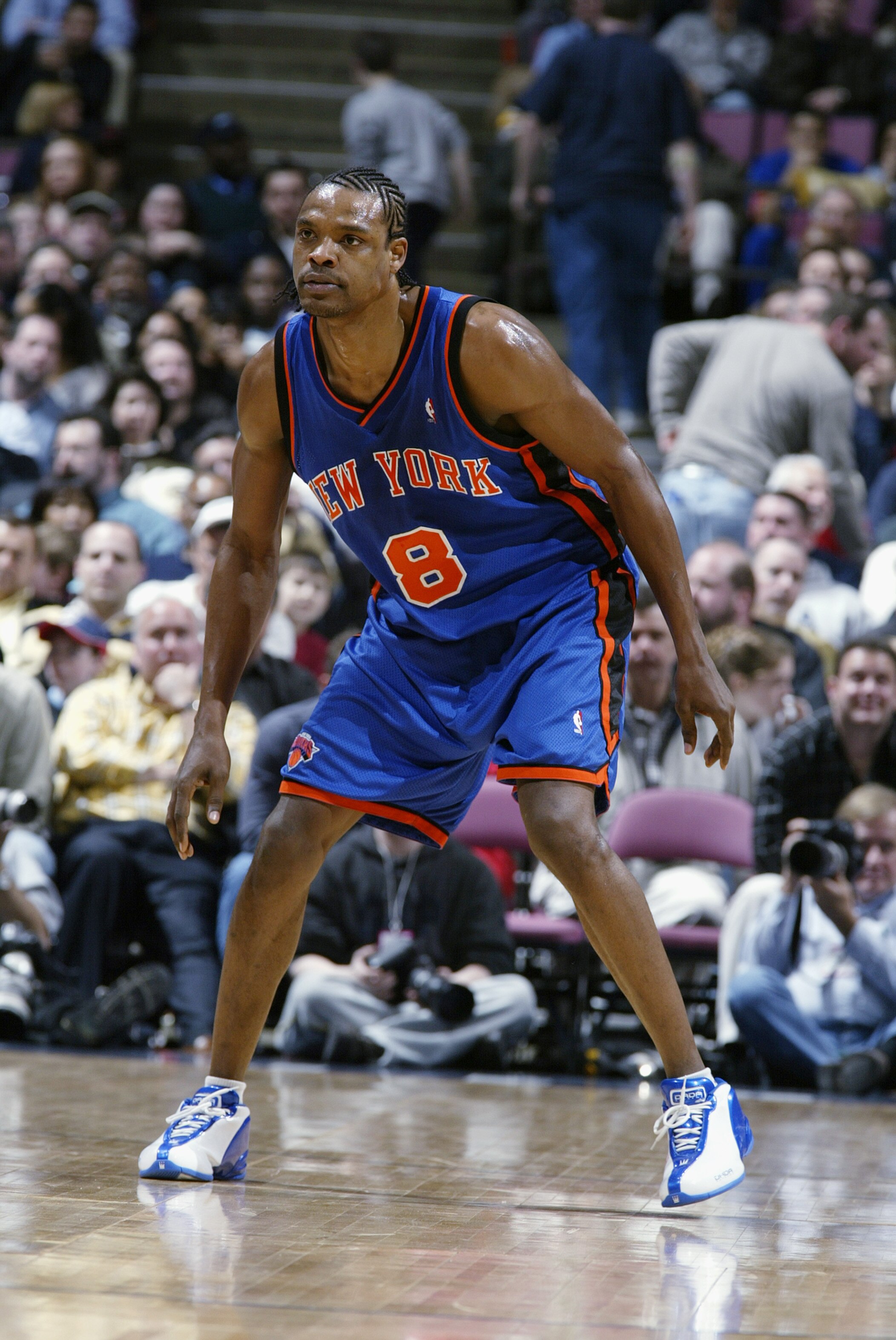 EAST RUTHERFORD, NJ - MARCH 26:  Latrell Sprewell #8 of the New York Knicks prepares to move against the New Jersey Nets during the NBA game at Continental Airlines Arena on March 26, 2003 in East Rutherford, New Jersey.  The Nets won 101-95.  NOTE TO USE
