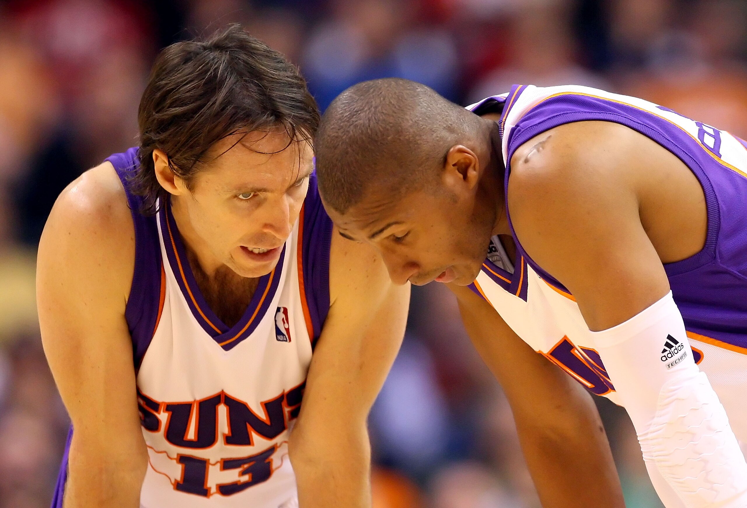 PHOENIX - DECEMBER 30: Steve Nash #13 of the Phoenix Suns talks with Leandro Barbosa #10 during the NBA game against the Boston Celtics at US Airways Center on December 30, 2009 in Phoenix, Arizona. The Suns defeated the Celtics 116-98. NOTE TO USER: Us PHOENIX - DECEMBER 30: Steve Nash #13 of the Phoenix Suns talks with Leandro Barbosa #10 during the NBA game against the Boston Celtics at US Airways Center on December 30, 2009 in Phoenix, Arizona. The Suns defeated the Celtics 116-98. NOTE TO USER: Us