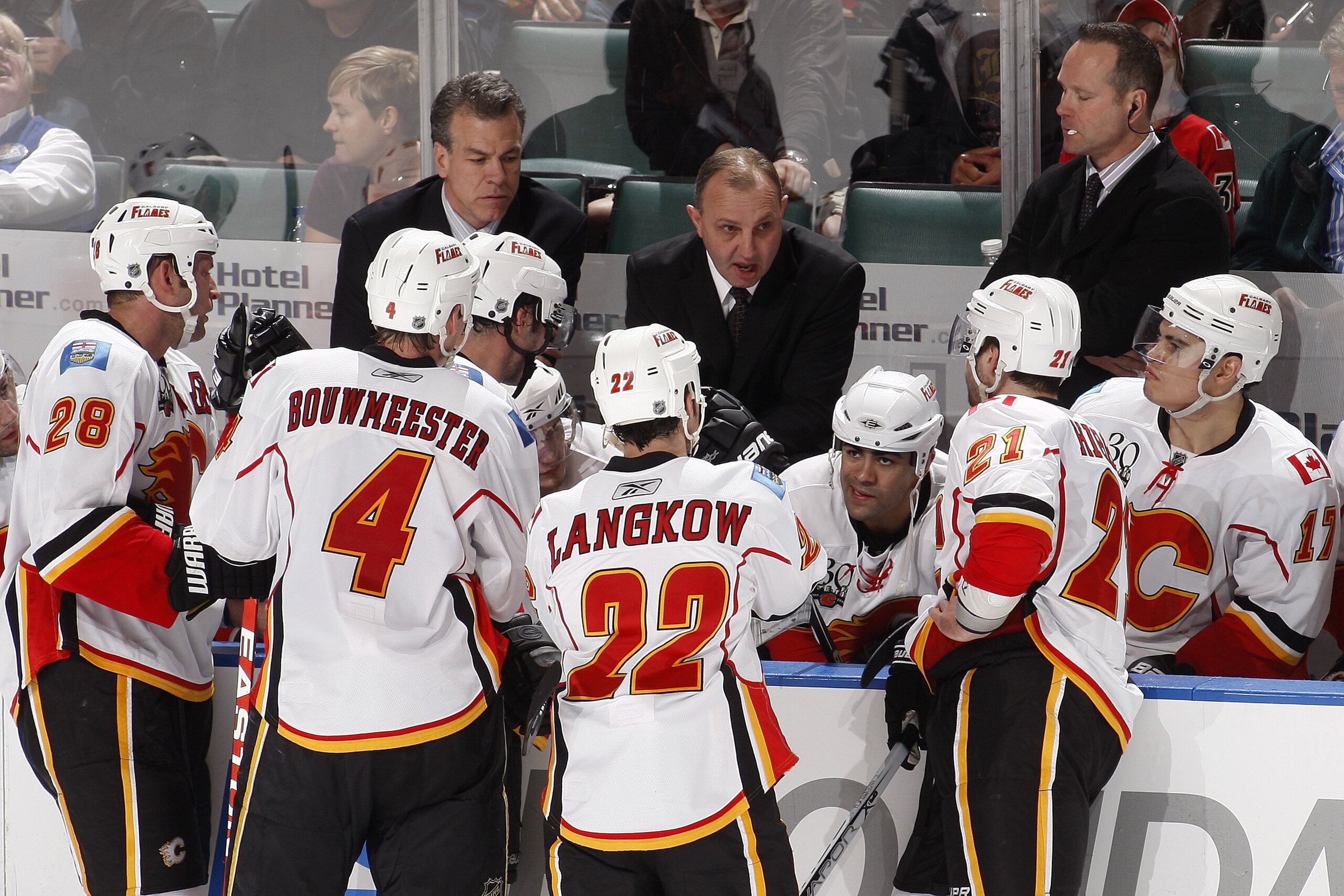 SUNRISE, FL - FEBRUARY 5: Head coach Brent Sutter of the Calgary Flames talks to team members during a time out in the third period of the game against the Florida Panthers on February 5, 2010 at the BankAtlantic Center in Sunrise, Florida. The Flames def SUNRISE, FL - FEBRUARY 5: Head coach Brent Sutter of the Calgary Flames talks to team members during a time out in the third period of the game against the Florida Panthers on February 5, 2010 at the BankAtlantic Center in Sunrise, Florida. The Flames def