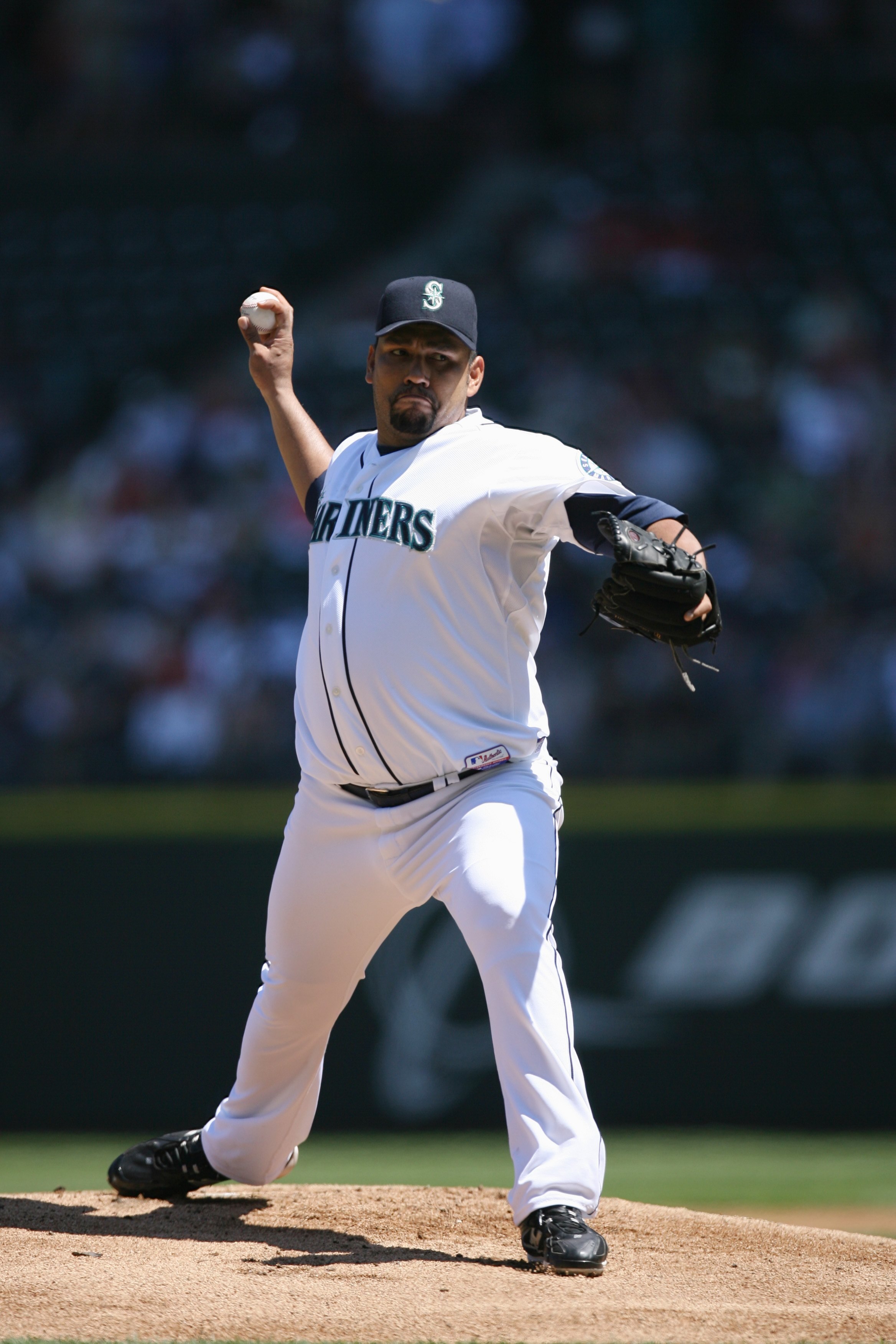 SEATTLE - JULY 20:  Carlos Silva #52 of the Seattle Mariners pitches against the Cleveland Indians on July 20, 2008 at Safeco Field in Seattle, Washington. The Indians defeated the Mariners 6-2. (Photo by Otto Greule Jr/Getty Images)