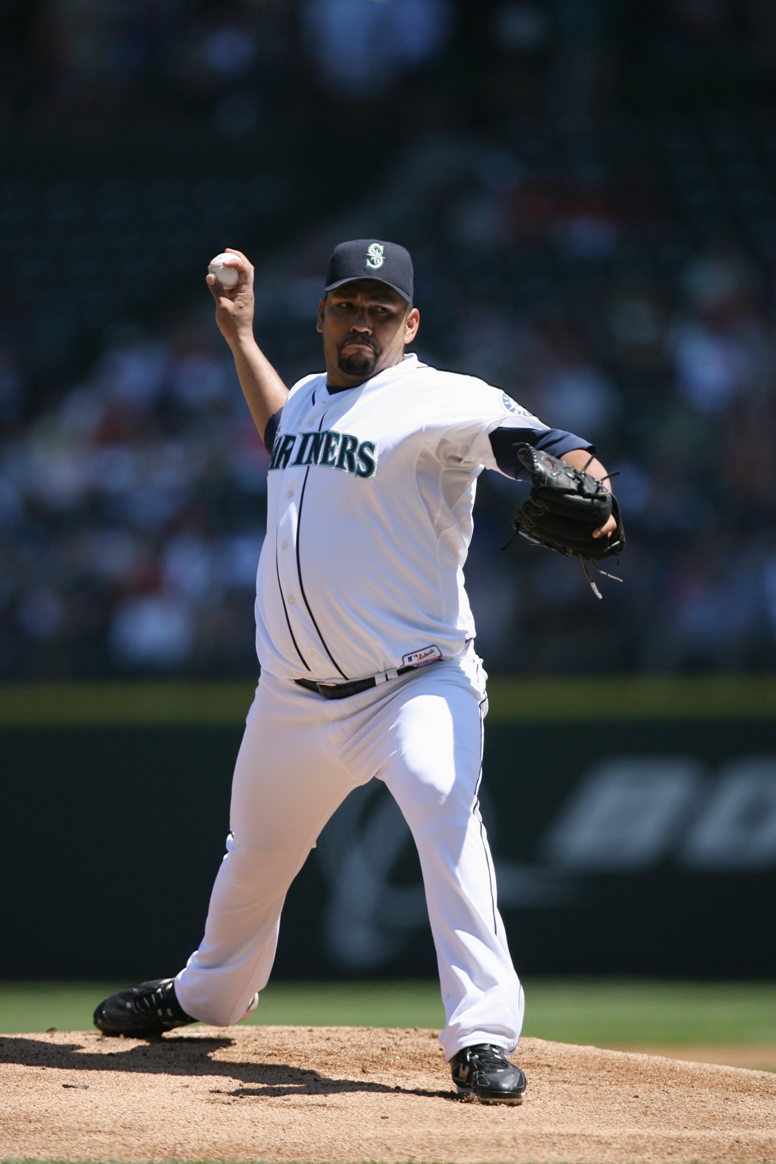 SEATTLE - JULY 20:  Carlos Silva #52 of the Seattle Mariners pitches against the Cleveland Indians on July 20, 2008 at Safeco Field in Seattle, Washington. The Indians defeated the Mariners 6-2. (Photo by Otto Greule Jr/Getty Images)