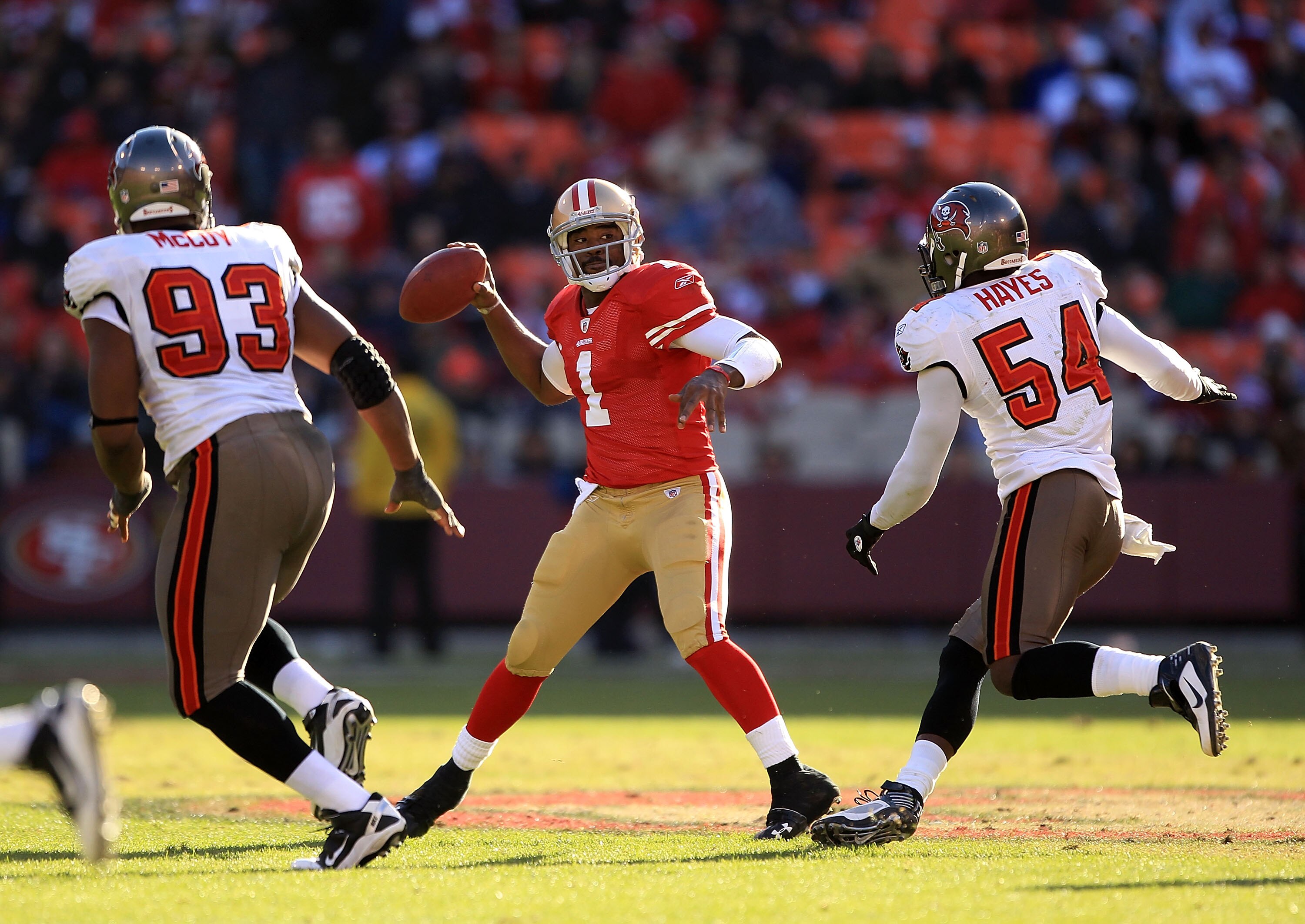 SAN FRANCISCO - NOVEMBER 21:  Troy Smith #1 of the San Francisco 49ers passes the ball against the Tampa Bay Buccaneers at Candlestick Park on November 21, 2010 in San Francisco, California.  (Photo by Ezra Shaw/Getty Images)