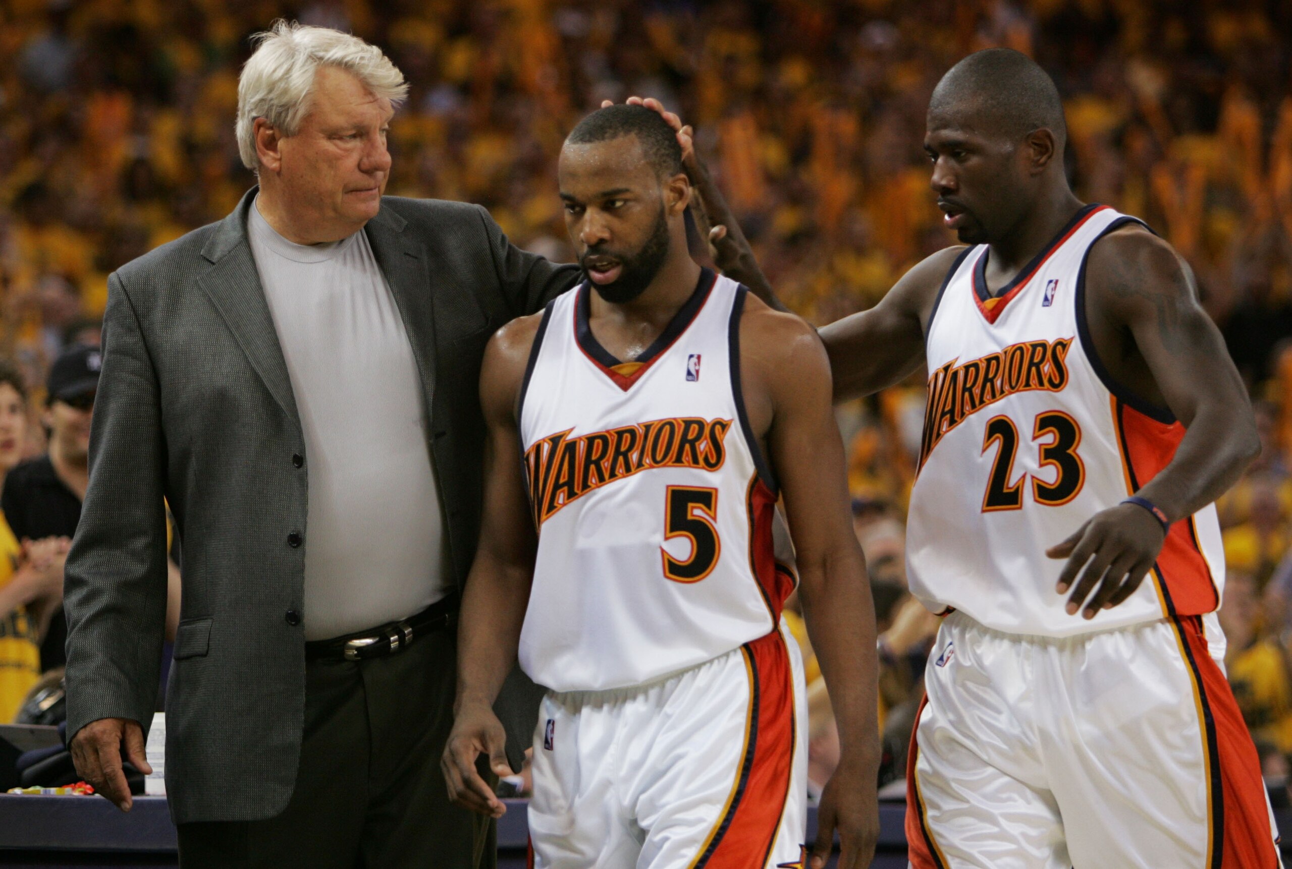 OAKLAND, CA - MAY 11: Baron Davis #5 of the Golden State Warriors is congratulated by Head Coach Don Nelson and Jason Richardson #23 after defeating the Utah Jazz in Game Three of the Western Conference Semifinals during the 2007 NBA Playoffs at Oracle A OAKLAND, CA - MAY 11: Baron Davis #5 of the Golden State Warriors is congratulated by Head Coach Don Nelson and Jason Richardson #23 after defeating the Utah Jazz in Game Three of the Western Conference Semifinals during the 2007 NBA Playoffs at Oracle A