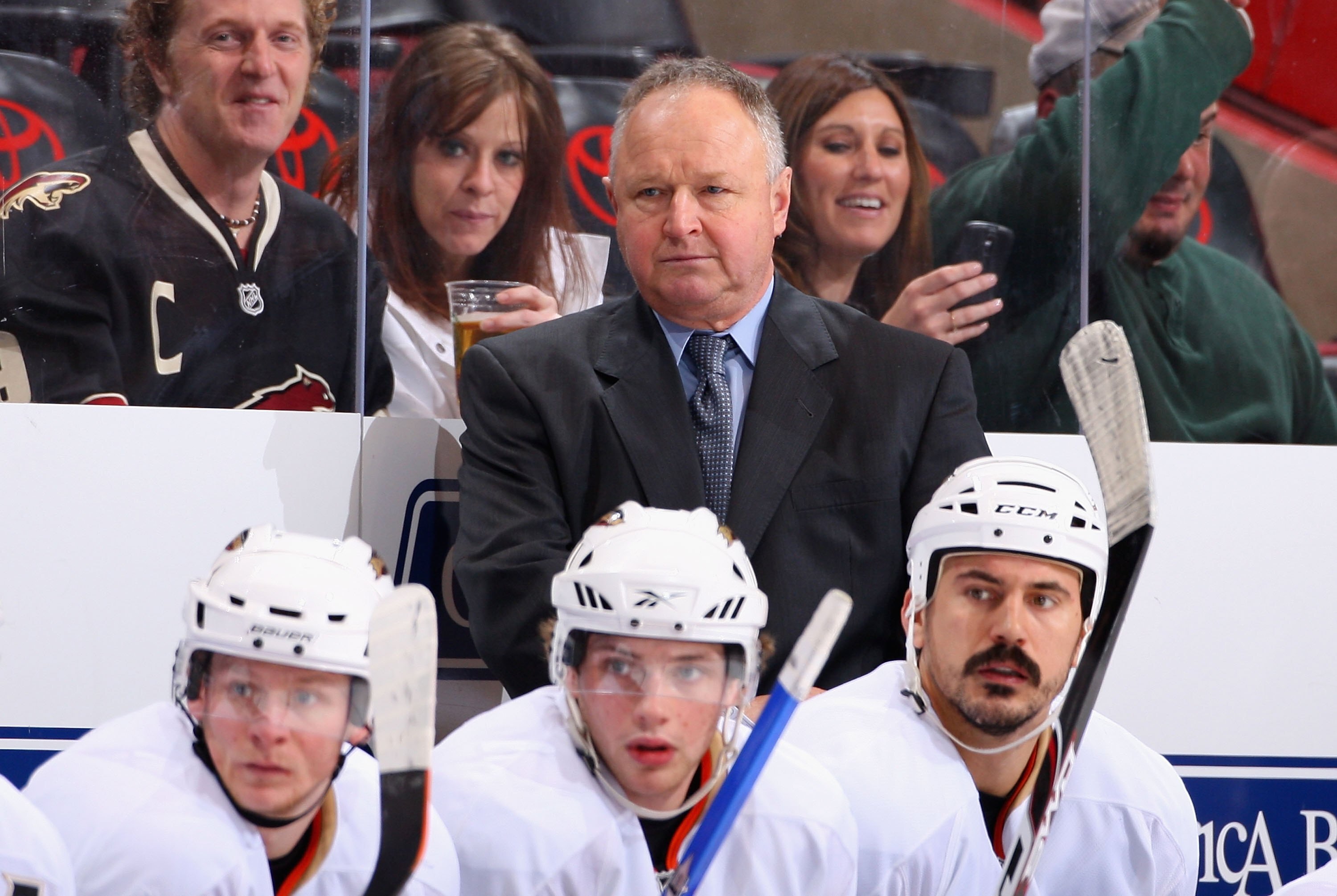 GLENDALE, AZ - DECEMBER 23:  Head coach Randy Carlyle of the Anaheim Ducks looks on from the bench during the NHL game against the Phoenix Coyotes at Jobing.com Arena on December 23, 2009 in Glendale, Arizona. The Coyotes defeated the Ducks 4-0.  (Photo b