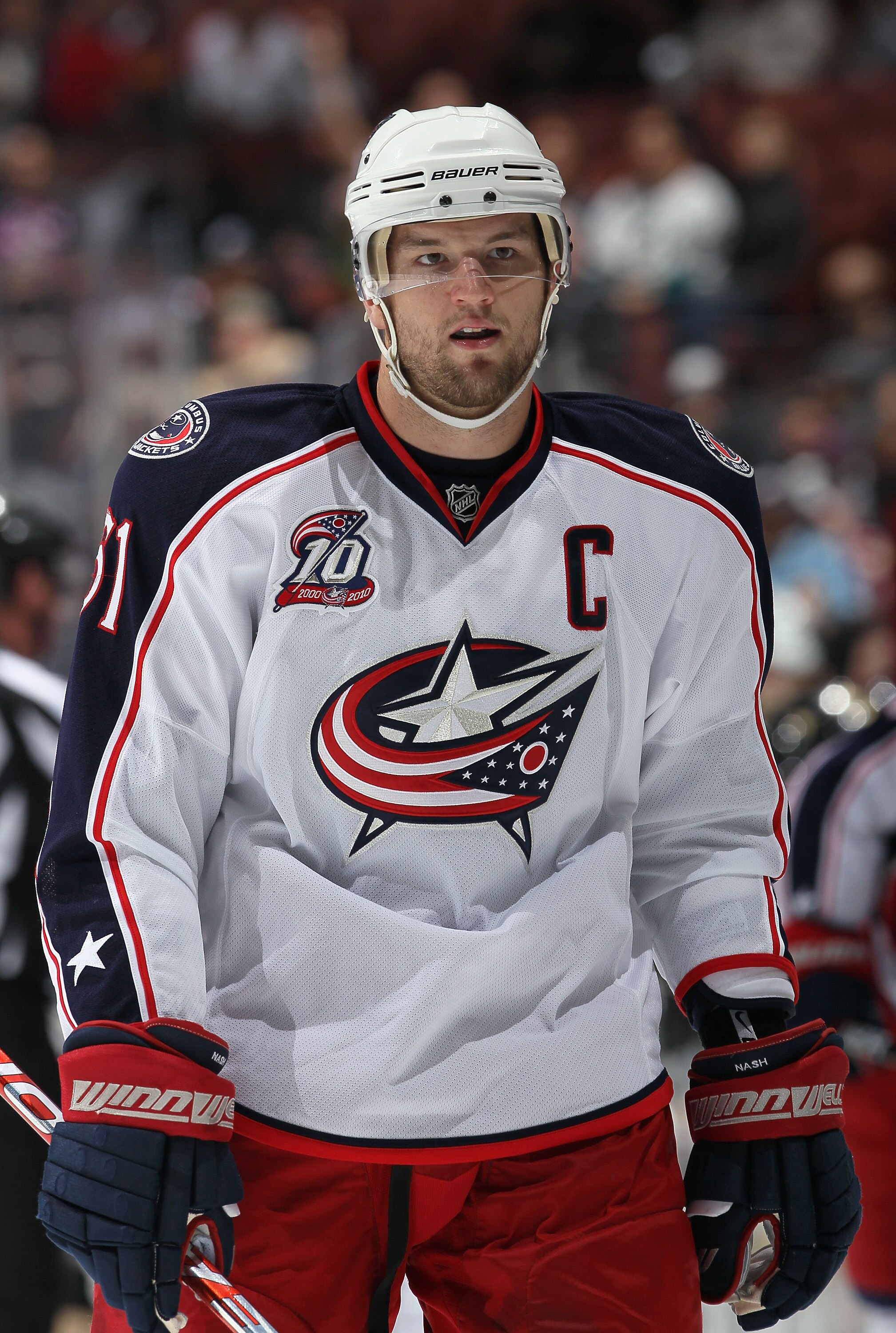 ANAHEIM, CA - NOVEMBER 19:  Rick Nash #61 of the Columbus Blue Jackets looks on against the Anaheim Ducks at the Honda Center on November 19, 2010 in Anaheim, California.  (Photo by Jeff Gross/Getty Images)