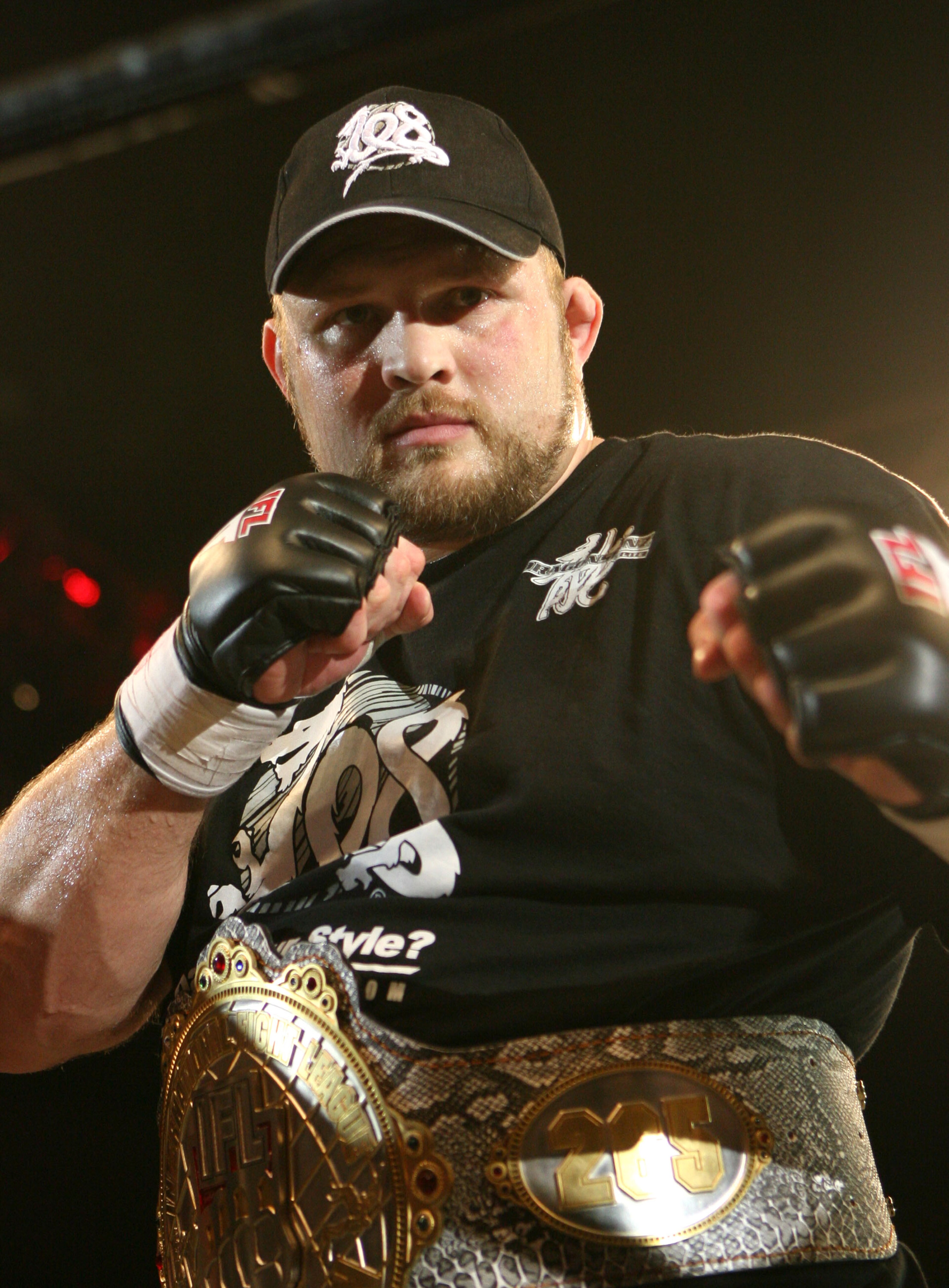 LAS VEGAS - FEBRUARY 29:  Roy Nelson white trunks of Lion's Den celebrates his victory over Fabiano Scherner red trunks of Team Quest during their Heavyweight title bout at The Orleans Arena on February 29, 2008 in Las Vegas, Nevada.  (Photo by Ethan Mill