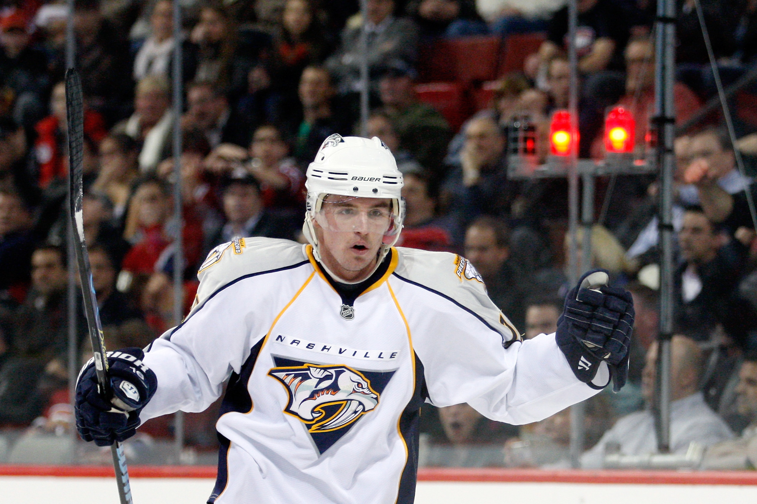 MONTREAL - NOVEMBER 18:  Cal O'Reilly #16 of the Nashville Predators celebrates his third period goal during the NHL game against the Montreal Canadiens at the Bell Centre on November 18, 2010 in Montreal, Quebec, Canada.  The Predators defeated the Canad