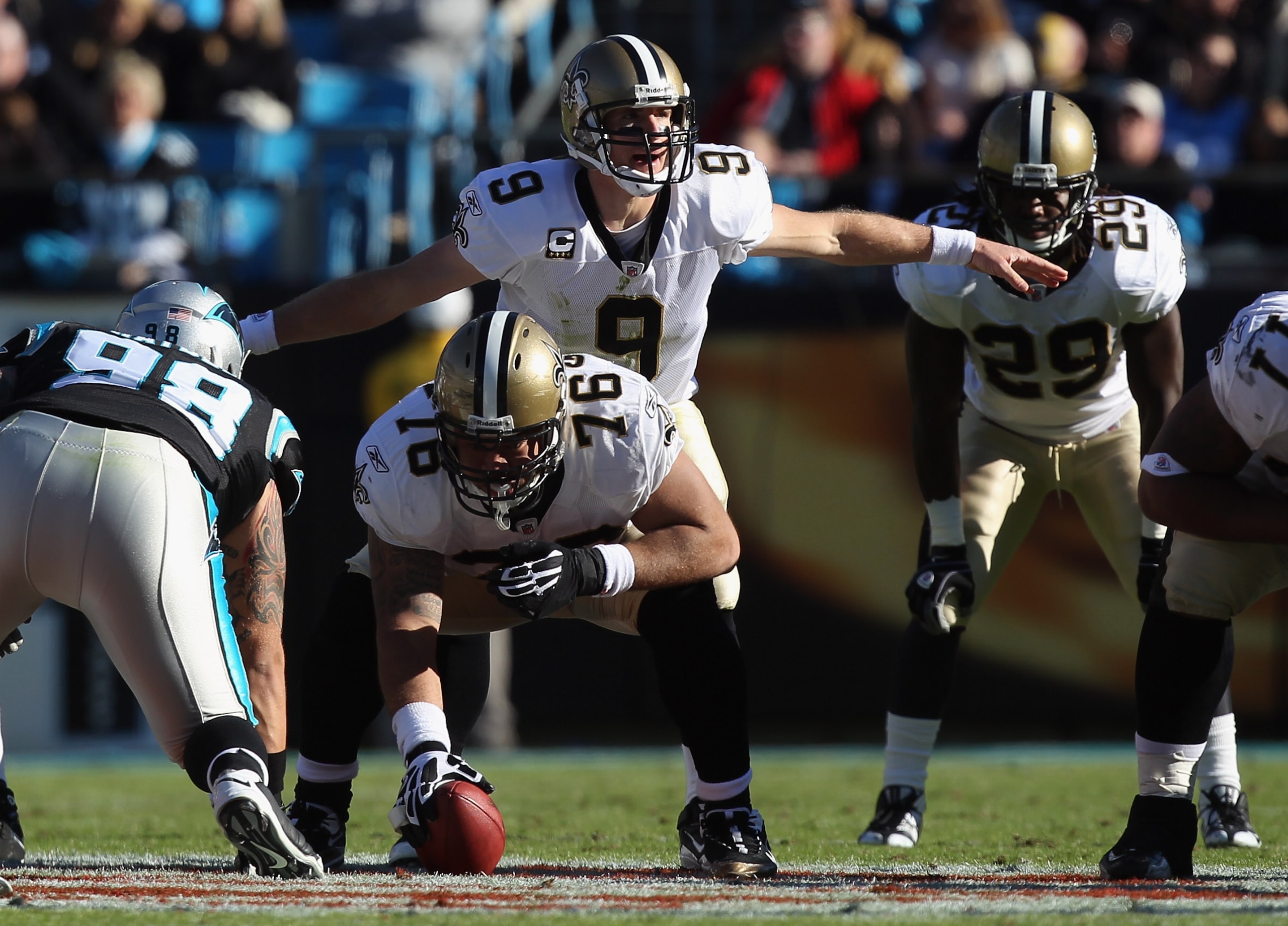 CHARLOTTE, NC - NOVEMBER 07:  Drew Brees #9 of the New Orleans Saints against the Carolina Panthers during their game at Bank of America Stadium on November 7, 2010 in Charlotte, North Carolina.  (Photo by Streeter Lecka/Getty Images)