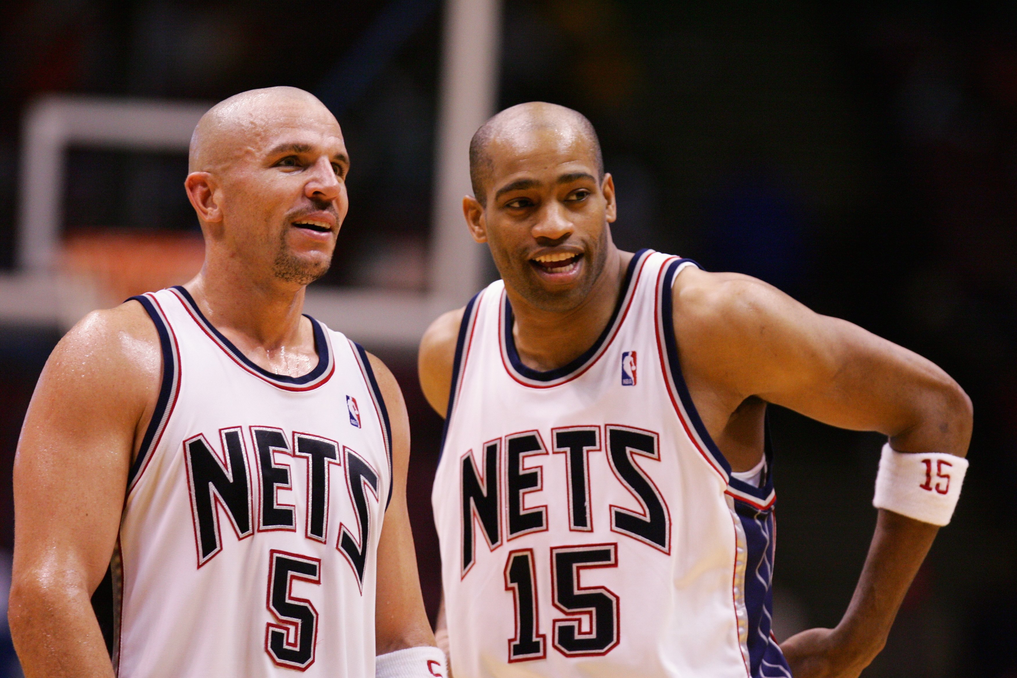 EAST RUTHERFORD, NJ - NOVEMBER 15:  (L-R) Jason Kidd #5 and Vince Carter #15 of the New Jersey Nets talk on the court during the game against the Milwaukee Bucks at the Continental Airlines Arena on November 15, 2006 in East Rutherford, New Jersey. The Ne