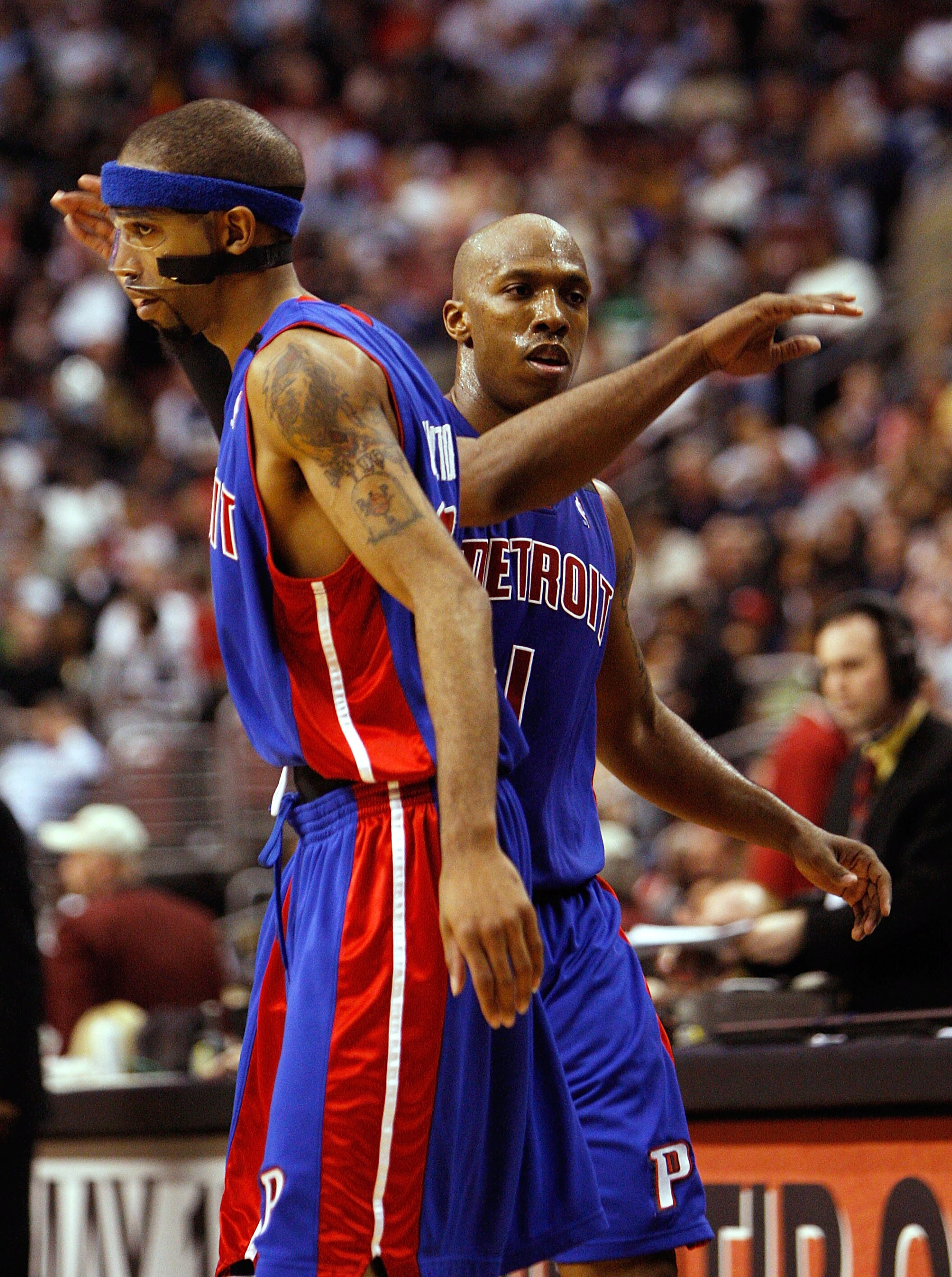 PHILADELPHIA - MAY 01:  Chauncey Billups #1 of the Detroit Pistons celebrates a basket with teammate Richard Hamilton #32 against the Philadelphia 76ers in Game Six of the Eastern Conference Quarterfinals during the 2008 NBA Playoffs on May 1, 2008 at the