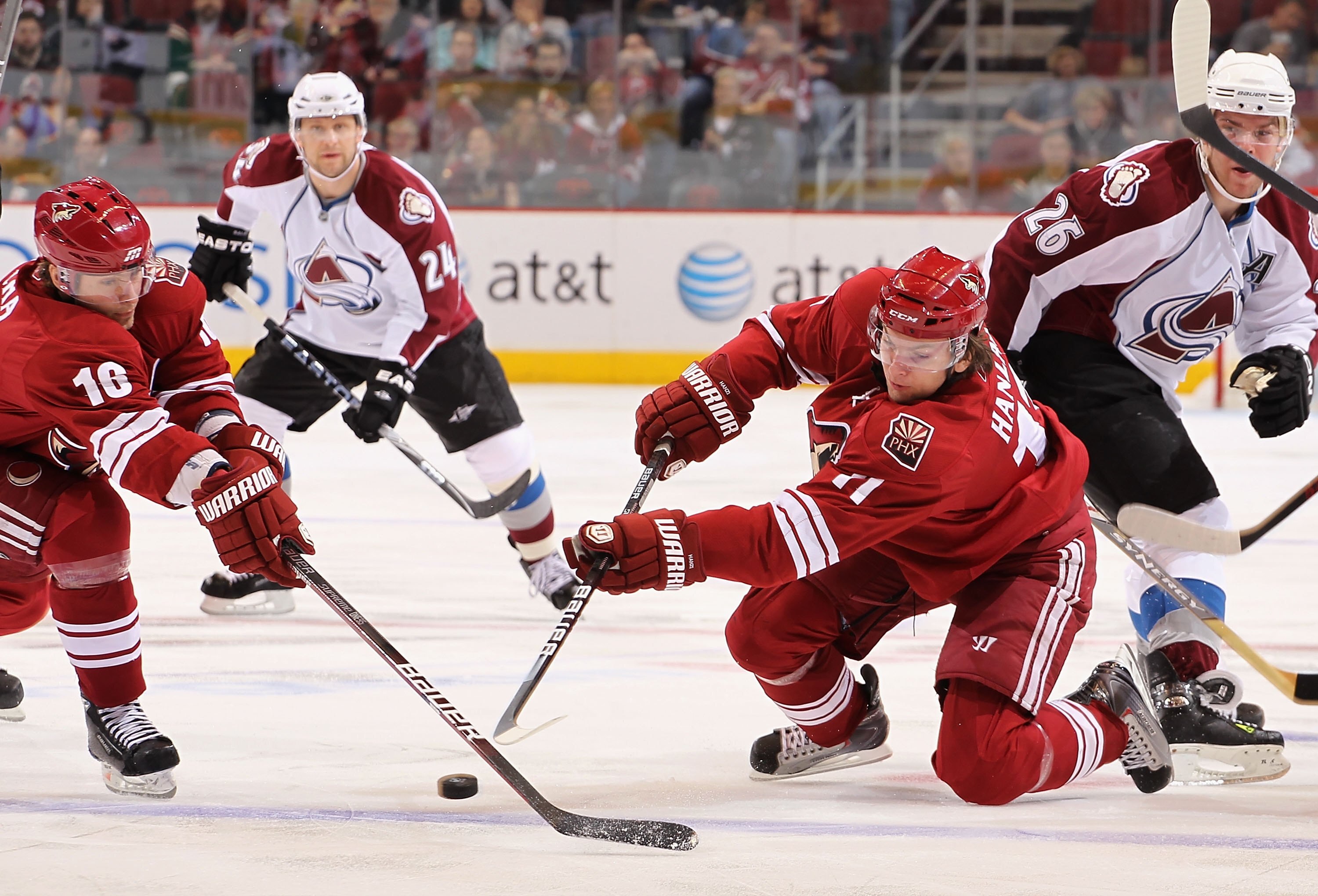 GLENDALE, AZ - MARCH 04:  Martin Hanzal #11 and Petr Prucha #16 of the Phoenix Coyotes attempt to control the puck during the NHL game against the Colorado Avalanche at Jobing.com Arena on March 4, 2010 in Glendale, Arizona.  The Coyotes defeated the Aval