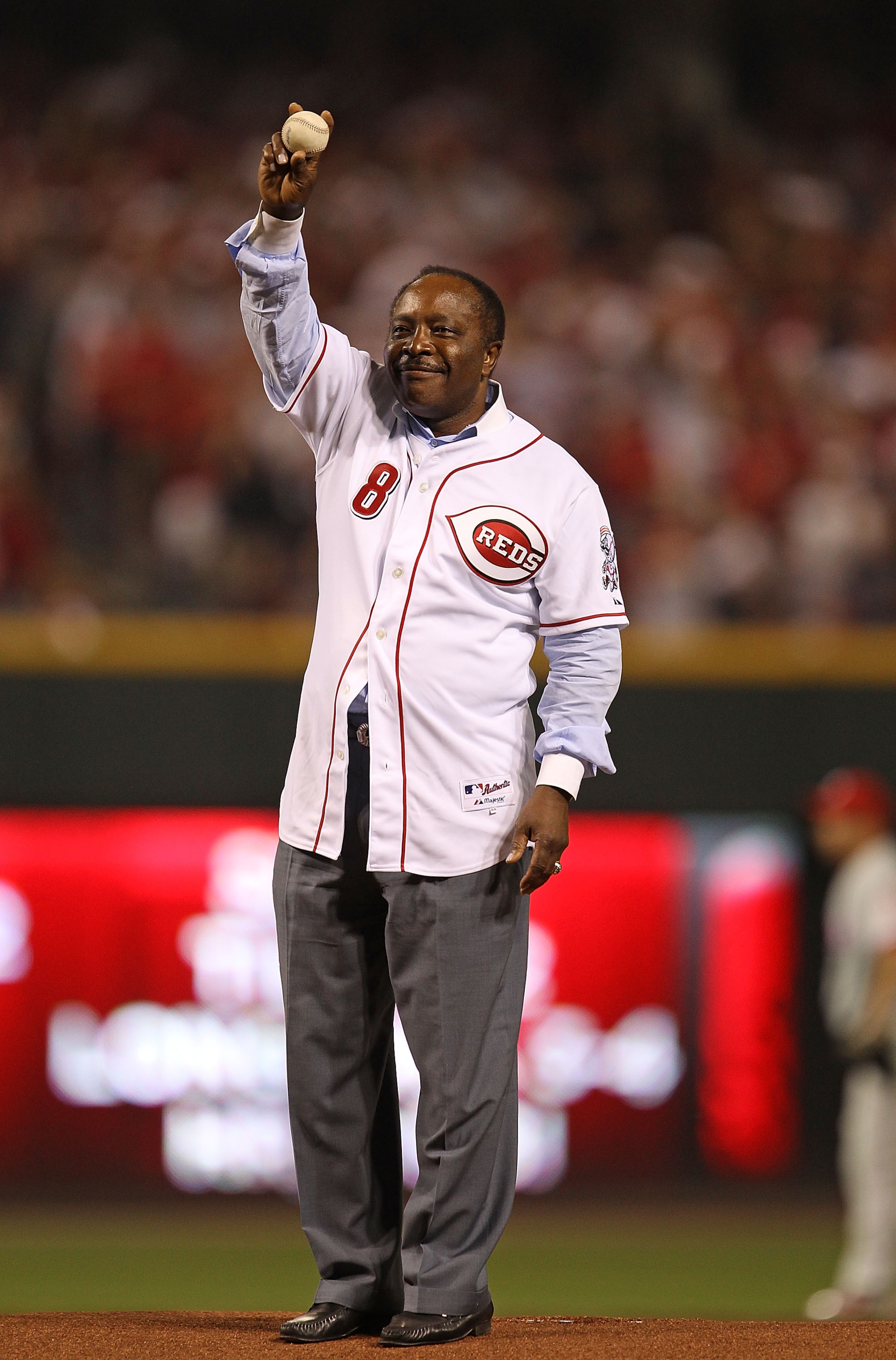 CINCINNATTI - OCTOBER 10: Former player Joe Morgan waves to the crowd before throwing out a ceremonial first pitch when the Philadelphia Phillies take on the Cincinnati Reds during game 3 of the NLDS at Great American Ball Park on October 10, 2010 in Cinc