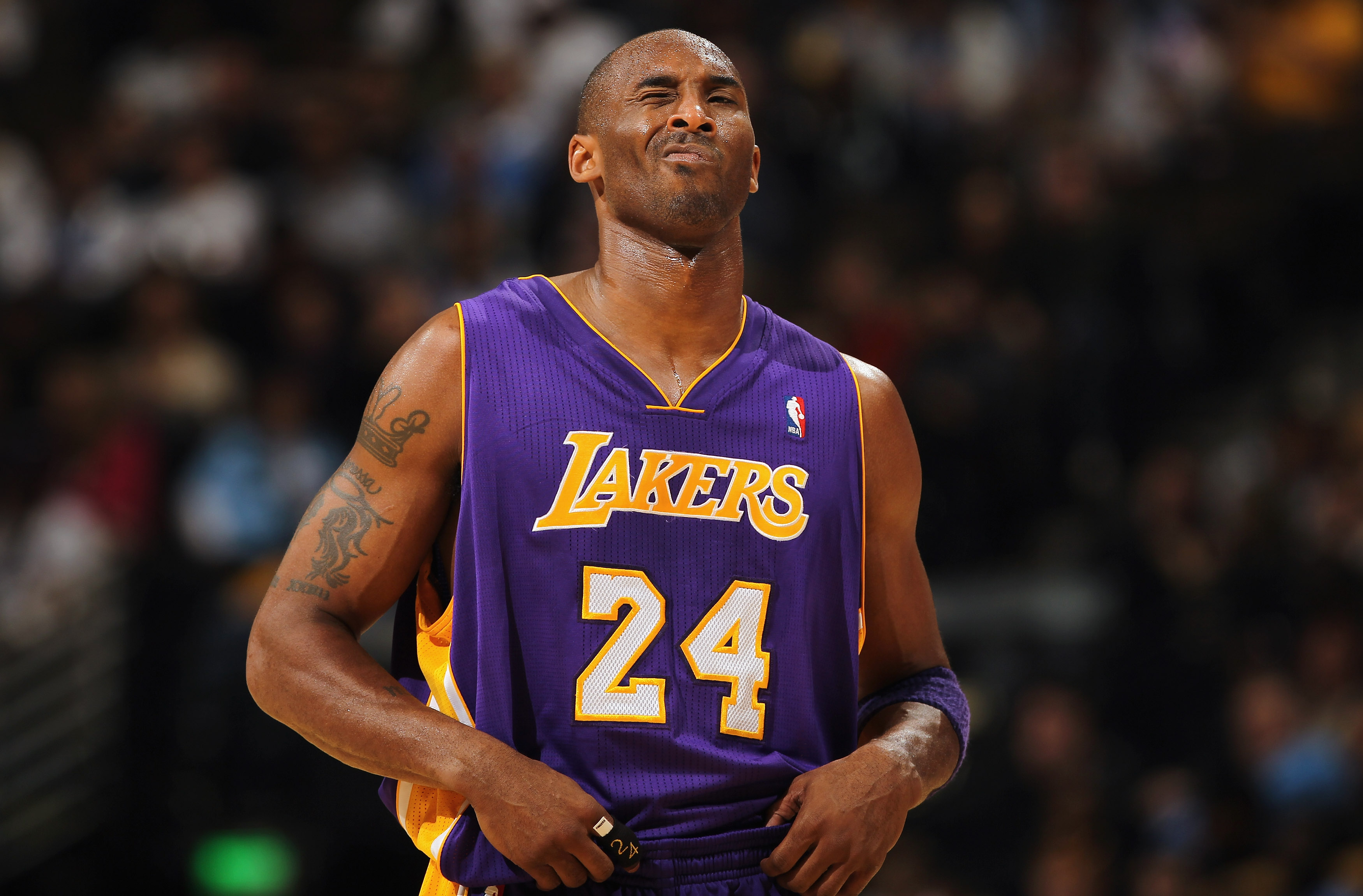DENVER - NOVEMBER 11:  Kobe Bryant #24 of the Los Angeles Lakers looks on during a break in the action against the Denver Nuggets at the Pepsi Center on November 11, 2010 in Denver, Colorado. The Nuggets defeated the Lakers 118-112.  NOTE TO USER: User ex