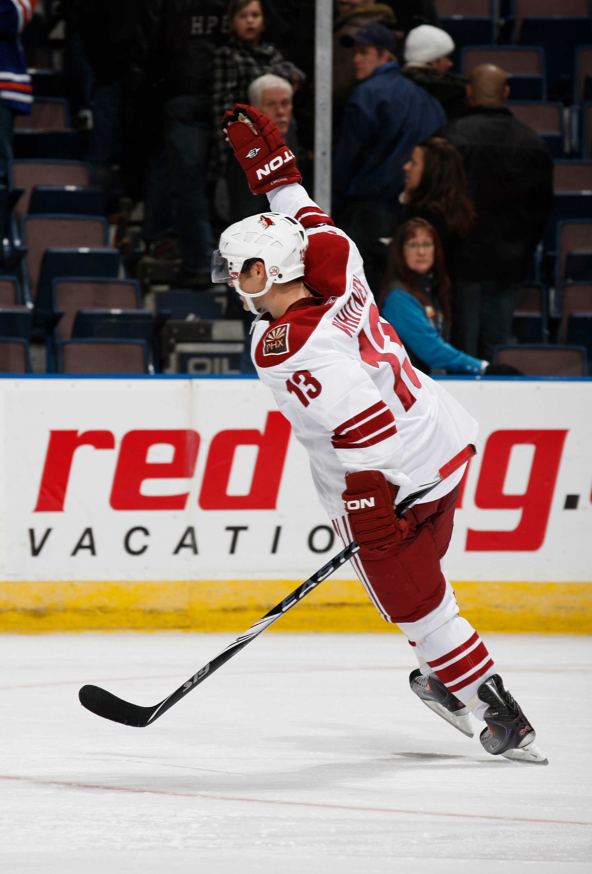 EDMONTON, CANADA - NOVEMBER 19: Local product Ray Whitney #13 of the Phoenix Coyotes waves to the fans in Edmonton. after being named first star of the game with three assists against the Edmonton Oilers at Rexall Place November 19, 2010 in Edmonton, Albe
