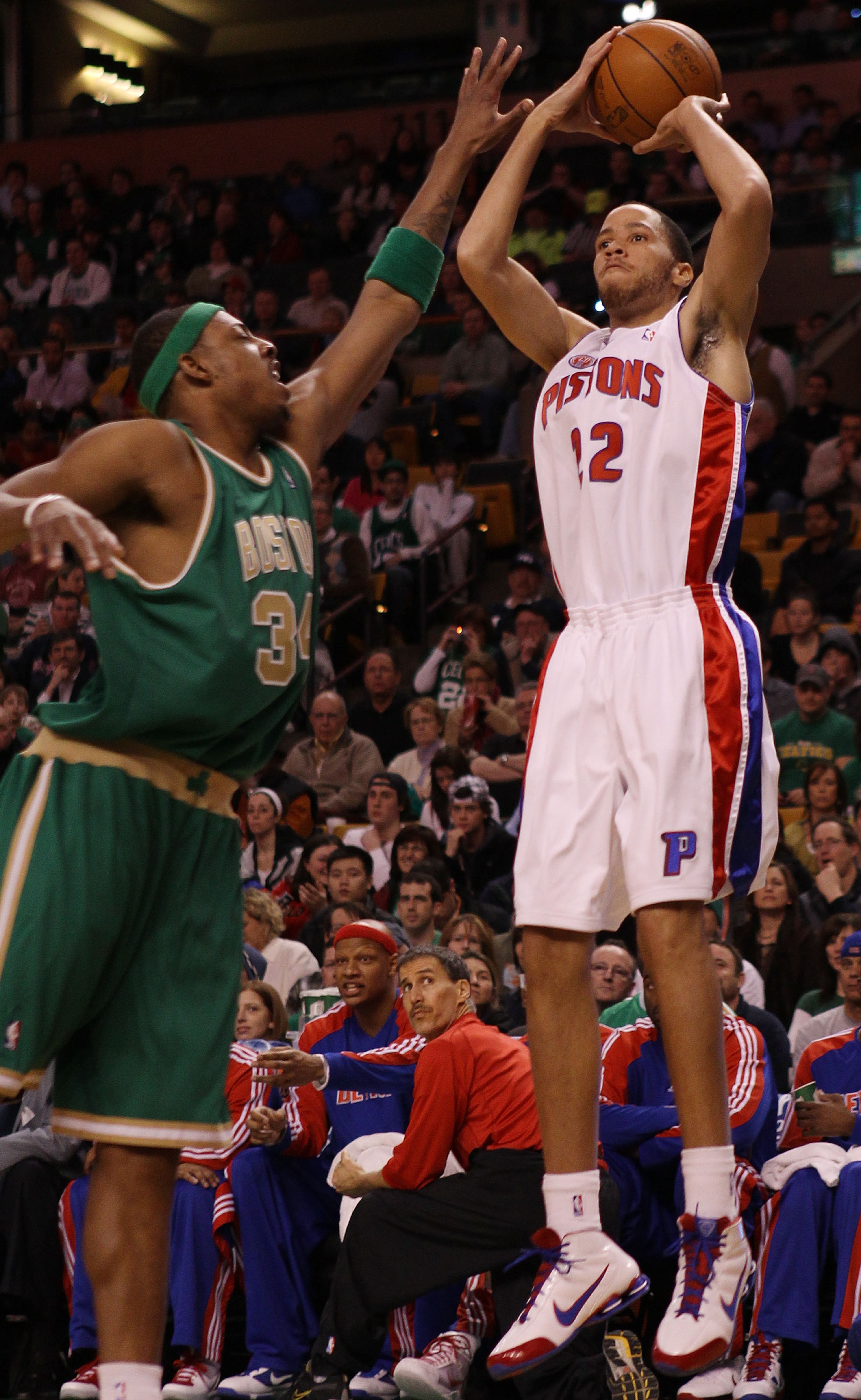 BOSTON - MARCH 15: Tayshaun Prince #22 of the Detroit Pistons takes a shot as Paul Pierce #34 of the Boston Celtics defends on March 15, 2010 at the TD Garden in Boston, Massachusetts. NOTE TO USER: User expressly acknowledges and agrees that, by downlo BOSTON - MARCH 15: Tayshaun Prince #22 of the Detroit Pistons takes a shot as Paul Pierce #34 of the Boston Celtics defends on March 15, 2010 at the TD Garden in Boston, Massachusetts. NOTE TO USER: User expressly acknowledges and agrees that, by downlo