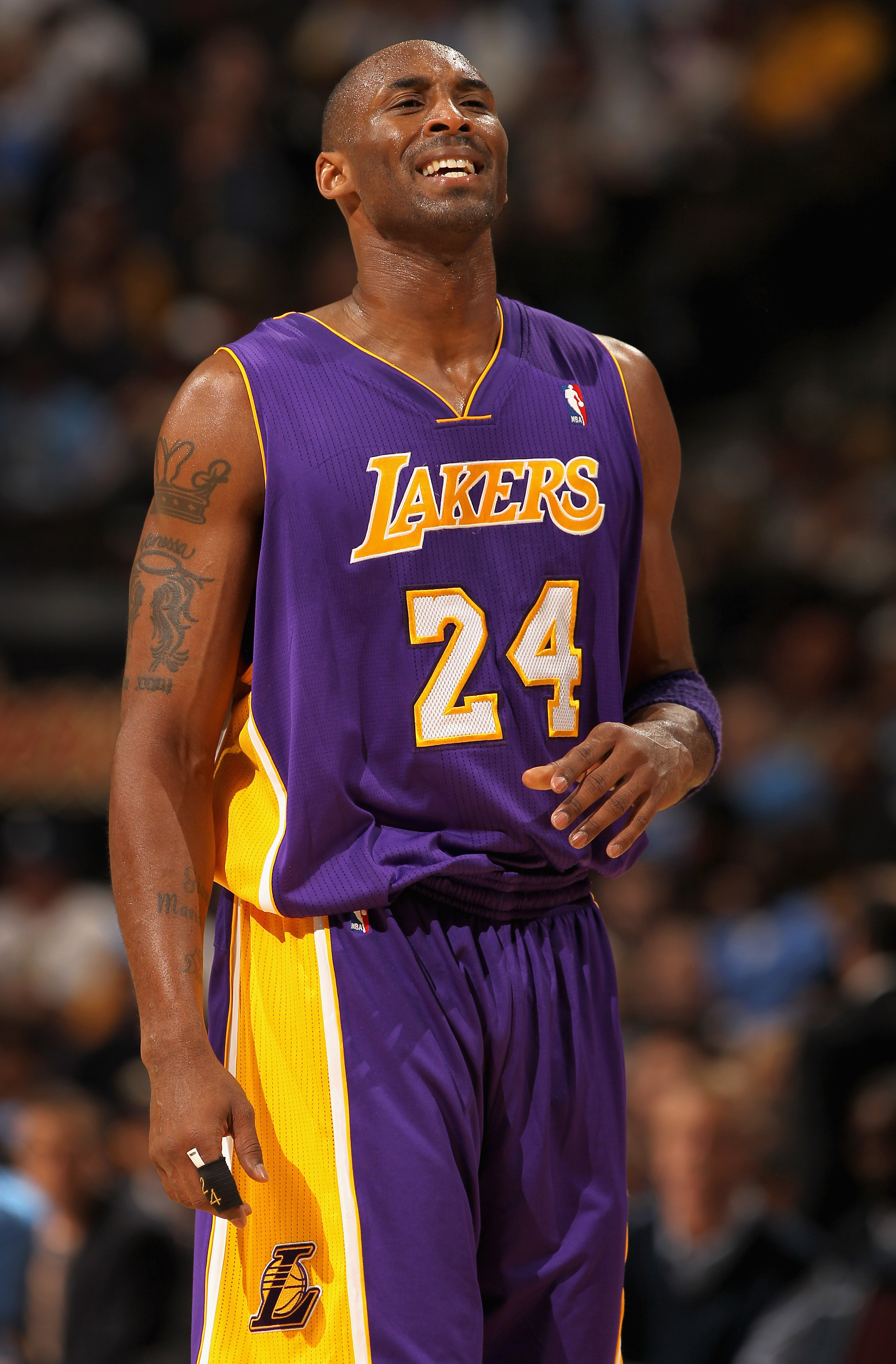 DENVER - NOVEMBER 11:  Kobe Bryant #24 of the Los Angeles Lakers looks on during a break in the action against the Denver Nuggets at the Pepsi Center on November 11, 2010 in Denver, Colorado. The Nuggets defeated the Lakers 118-112.  NOTE TO USER: User ex