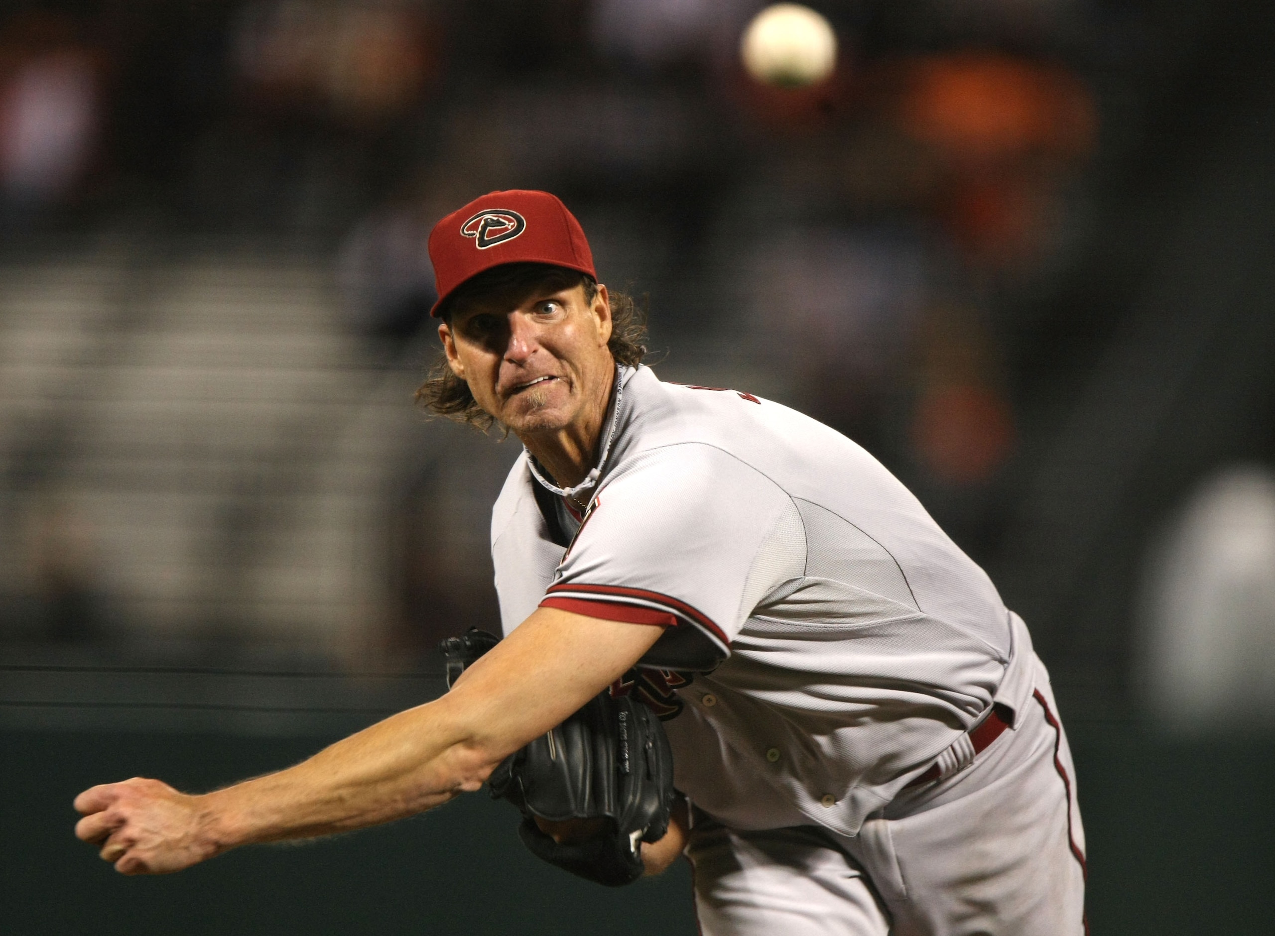 SAN FRANCISCO - APRIL 14:  Randy Johnson #51 of the Arizona Diamondbacks pitches against the San Francisco Giants during a Major League Baseball game on March 14, 2008 at AT&T Park in San Francisco, California.  (Photo by Jed Jacobsohn/Getty Images)