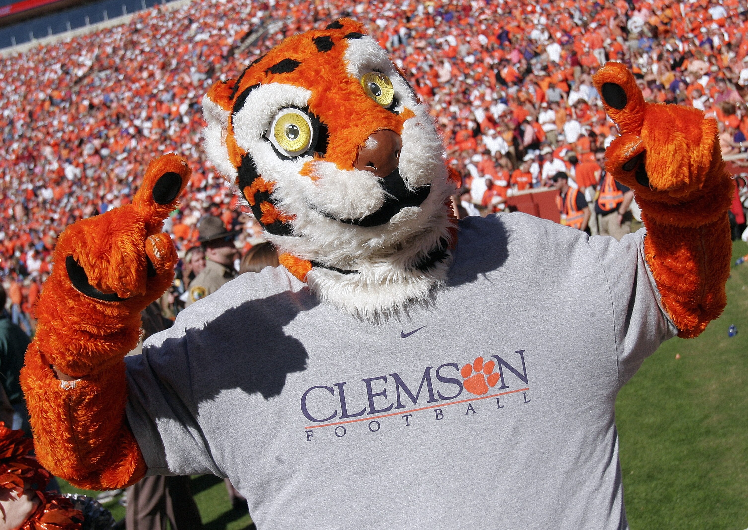 CLEMSON, SC - NOVEMBER 12:  The mascot of the Clemson Tigers shows his team support against the Florida State Seminoles during an Atlantic Coast Conference game on November 12, 2005 at Clemson Memorial Stadium in Clemson, South Carolina.  The Clemson Tige