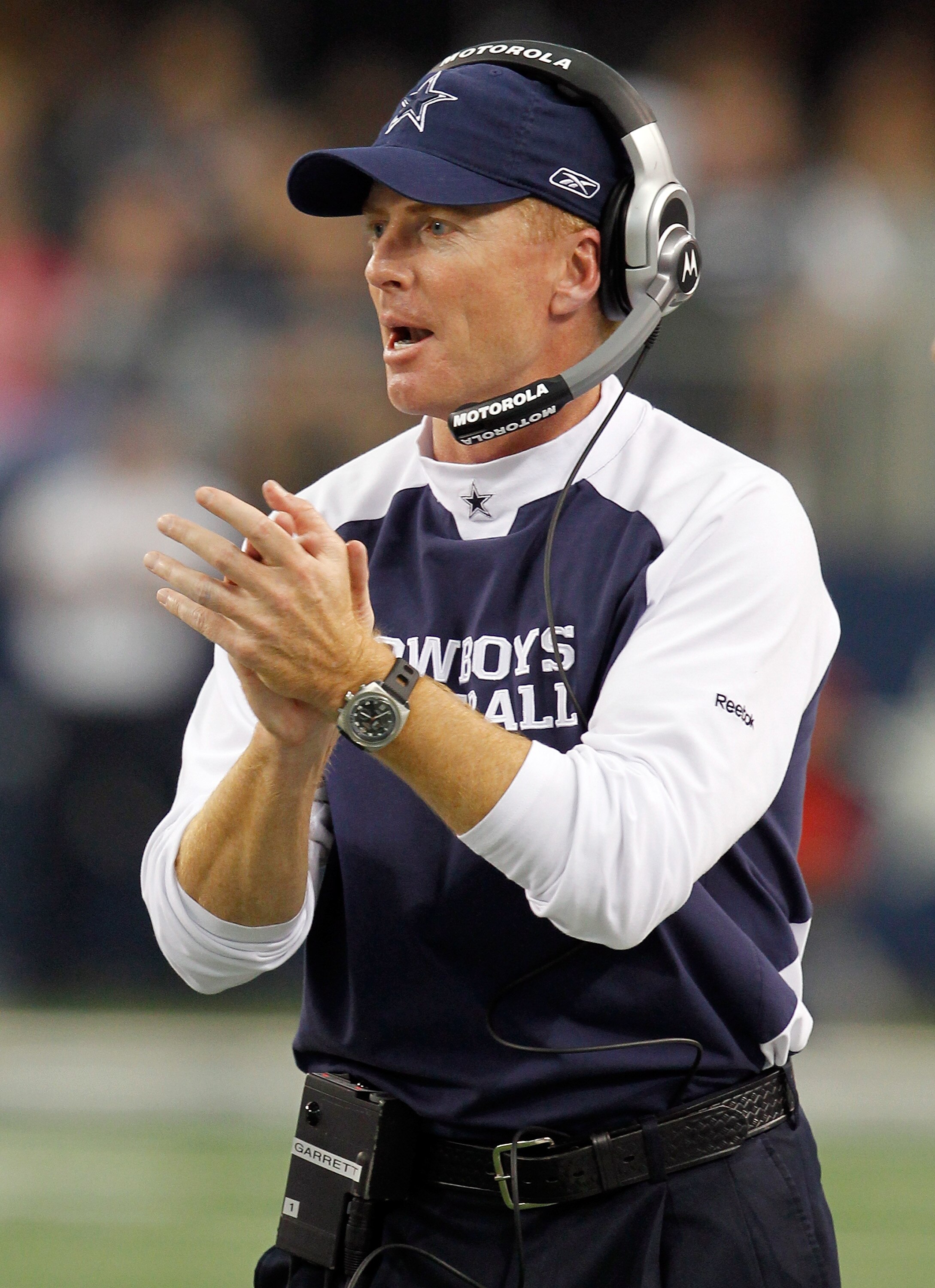 ARLINGTON, TX - NOVEMBER 21:  Head coach Jason Garrett of the Dallas Cowboys leads his team against the Detroit Lions late in the fourth quarter at Cowboys Stadium on November 21, 2010 in Arlington, Texas.  The Cowboys beat the Lions 35-19.  (Photo by Tom