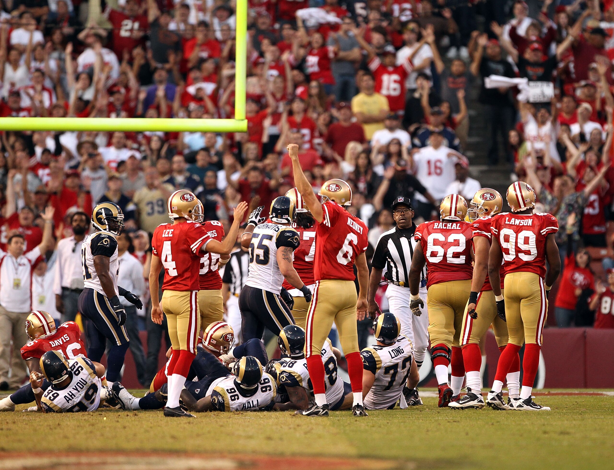 SAN FRANCISCO - NOVEMBER 14: Joe Nedney #6 of the San Francisco 49ers celebrates after he kicked the winning field goal in overtime against the St. Louis Rams at Candlestick Park on November 14, 2010 in San Francisco, California. (Photo by Ezra Shaw/Get SAN FRANCISCO - NOVEMBER 14: Joe Nedney #6 of the San Francisco 49ers celebrates after he kicked the winning field goal in overtime against the St. Louis Rams at Candlestick Park on November 14, 2010 in San Francisco, California. (Photo by Ezra Shaw/Get