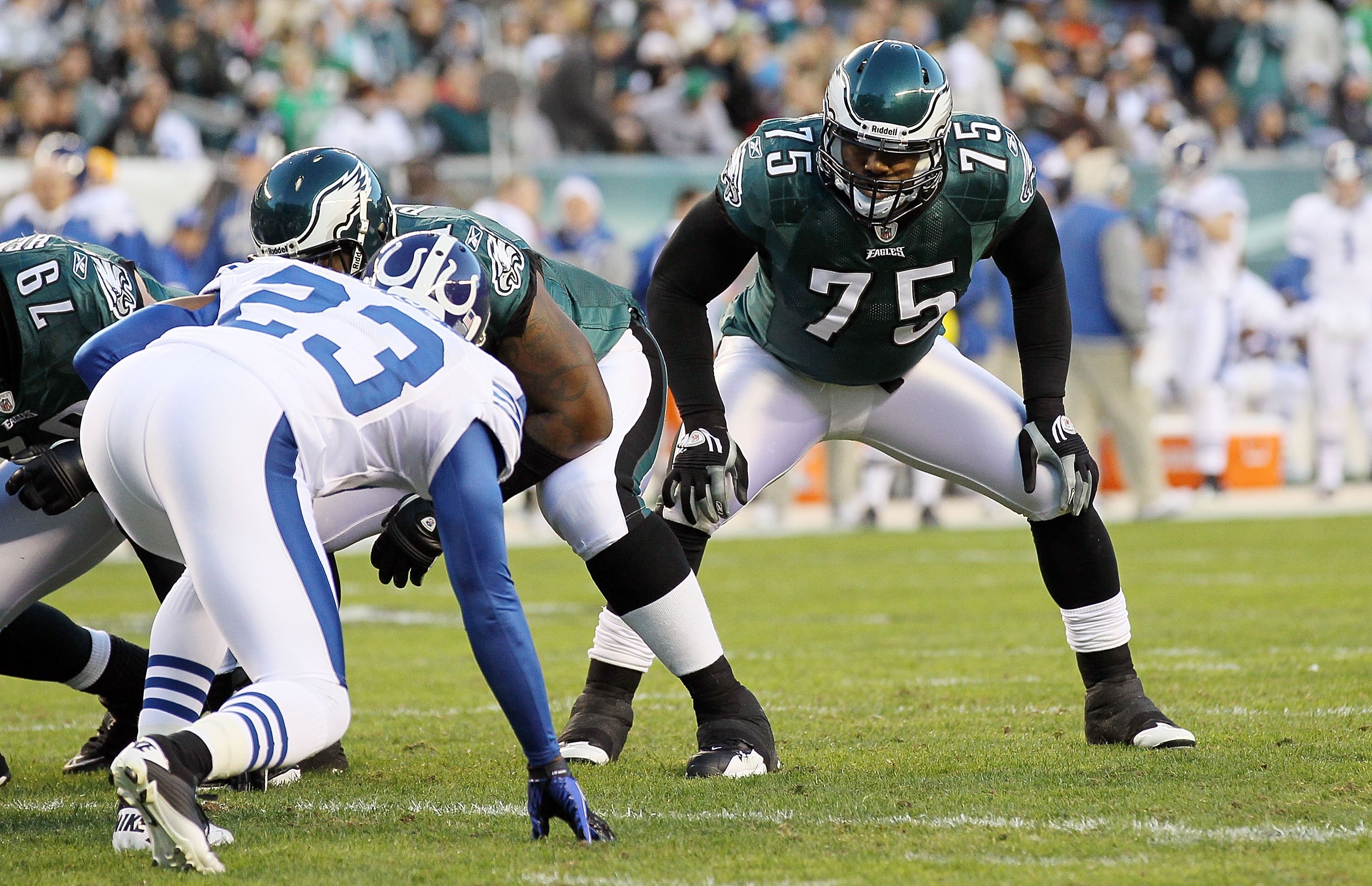PHILADELPHIA - NOVEMBER 07:  Juqua Parker #75 of the Philadelphia Eagles against the Indianapolis Colts on November 7, 2010 at Lincoln Financial Field in Philadelphia, Pennsylvania. The Eagles defeated the Colts 26-24.  (Photo by Jim McIsaac/Getty Images)
