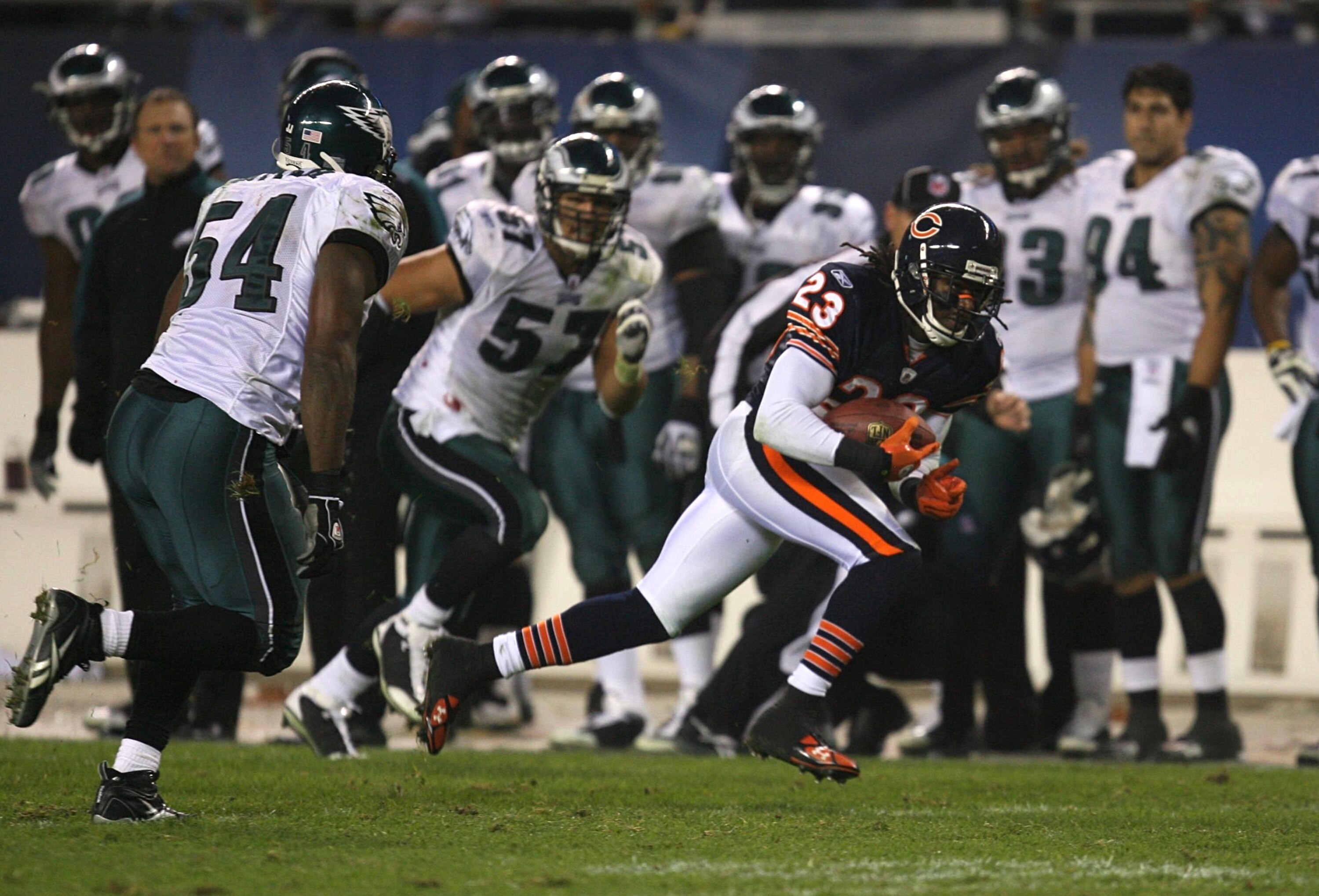 CHICAGO - NOVEMBER 22: Devin Hester #23 of the Chicago Bears runs for yards after the catch in the third quarter against the Philadelphia Eagles at Soldier Field on November 22, 2009 in Chicago, Illinois.  (Photo by Jonathan Daniel/Getty Images)