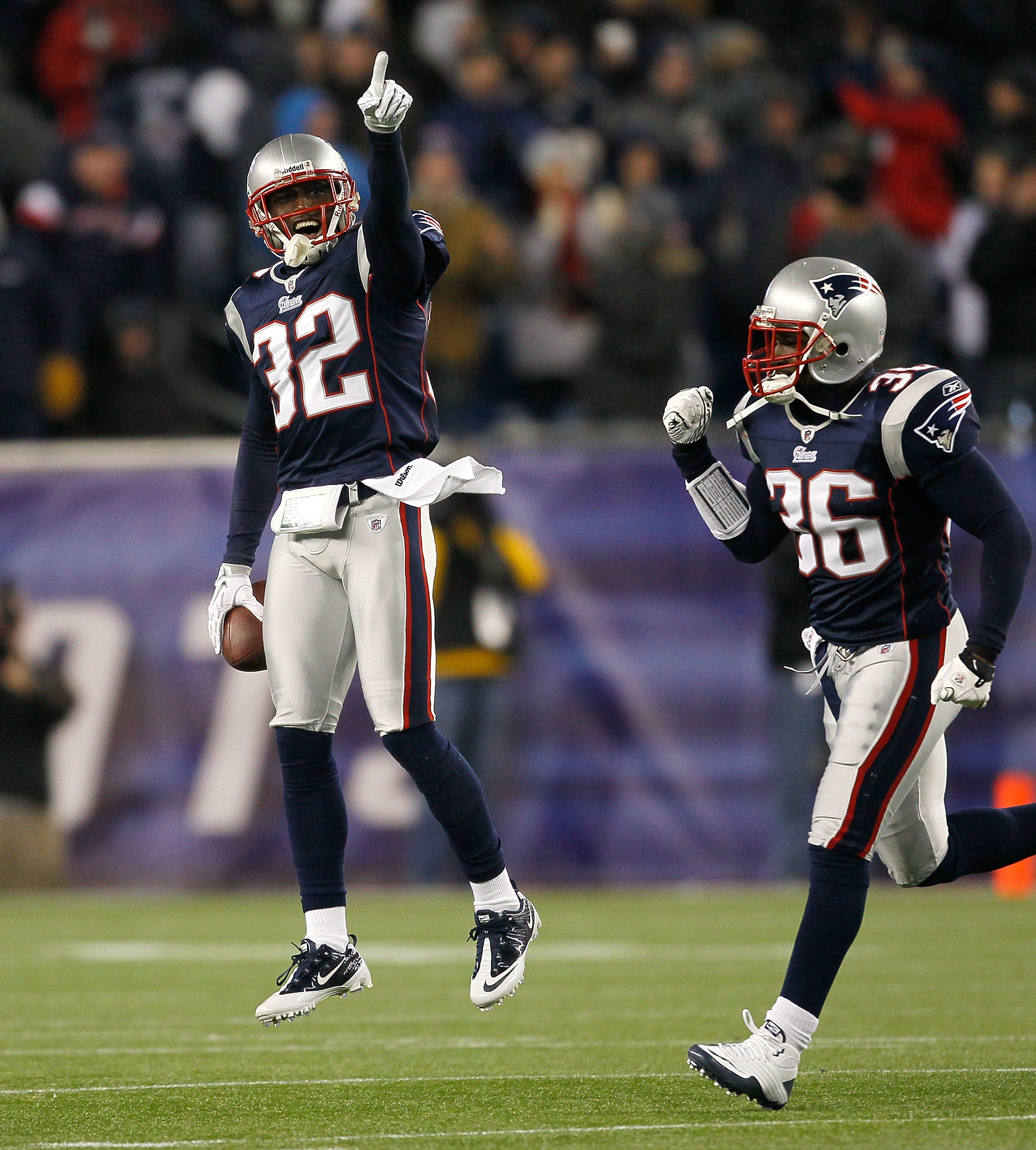 FOXBORO, MA - NOVEMBER 21: Devin McCourty #32 and James Sanders #36 of the New England Patriots after stopping the offense of the Indianapolis Colts in the second half at Gillette Stadium on November 21, 2010 in Foxboro, Massachusetts. (Photo by Jim Rogas