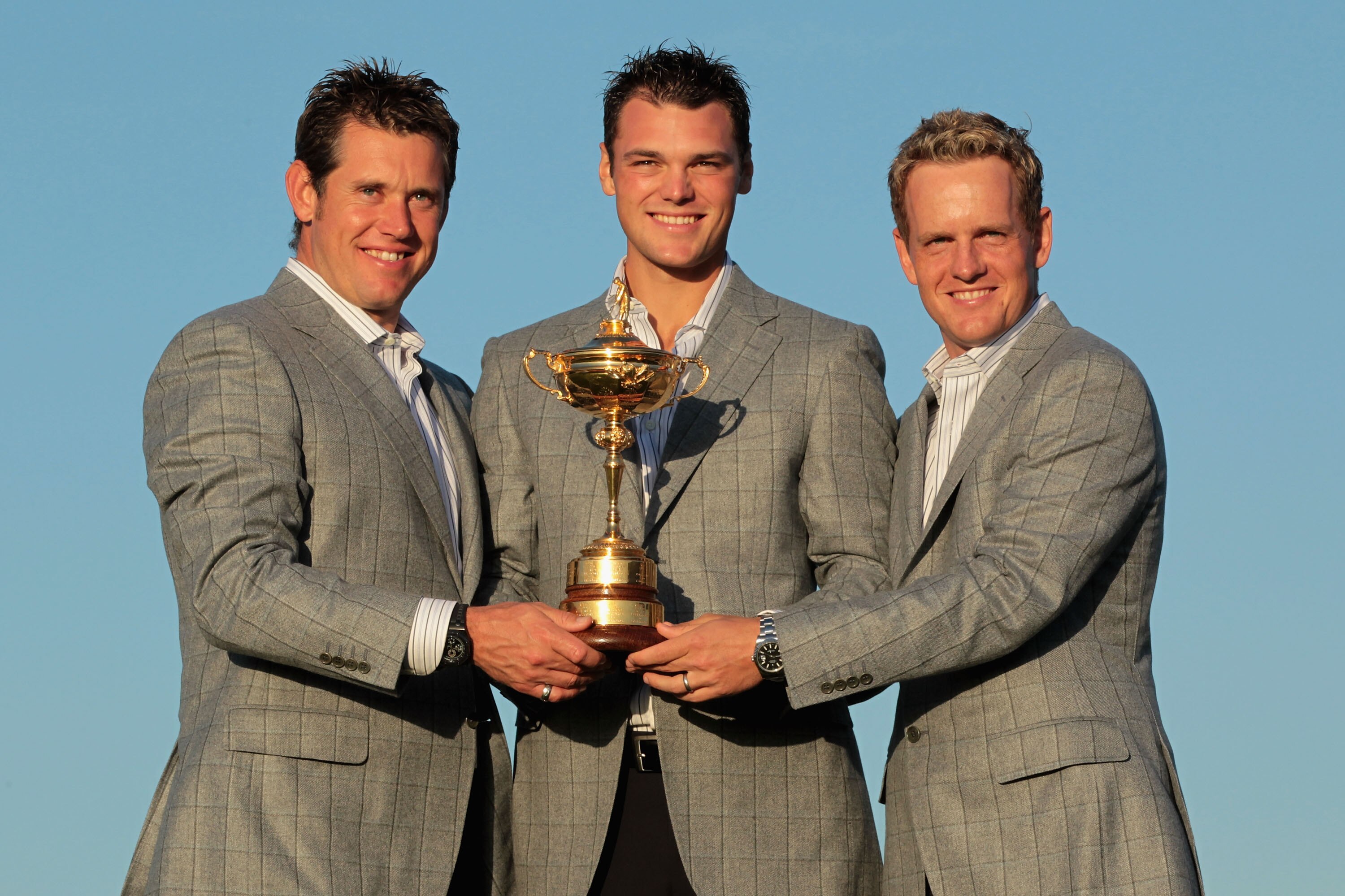 NEWPORT, WALES - OCTOBER 04:  (L-R) European Team members Lee Westwood, Martin Kaymer and Luke Donald pose with the Ryder Cup following Europe's 14.5 to 13.5 victory over the USA at the 2010 Ryder Cup at the Celtic Manor Resort on October 4, 2010 in Newpo