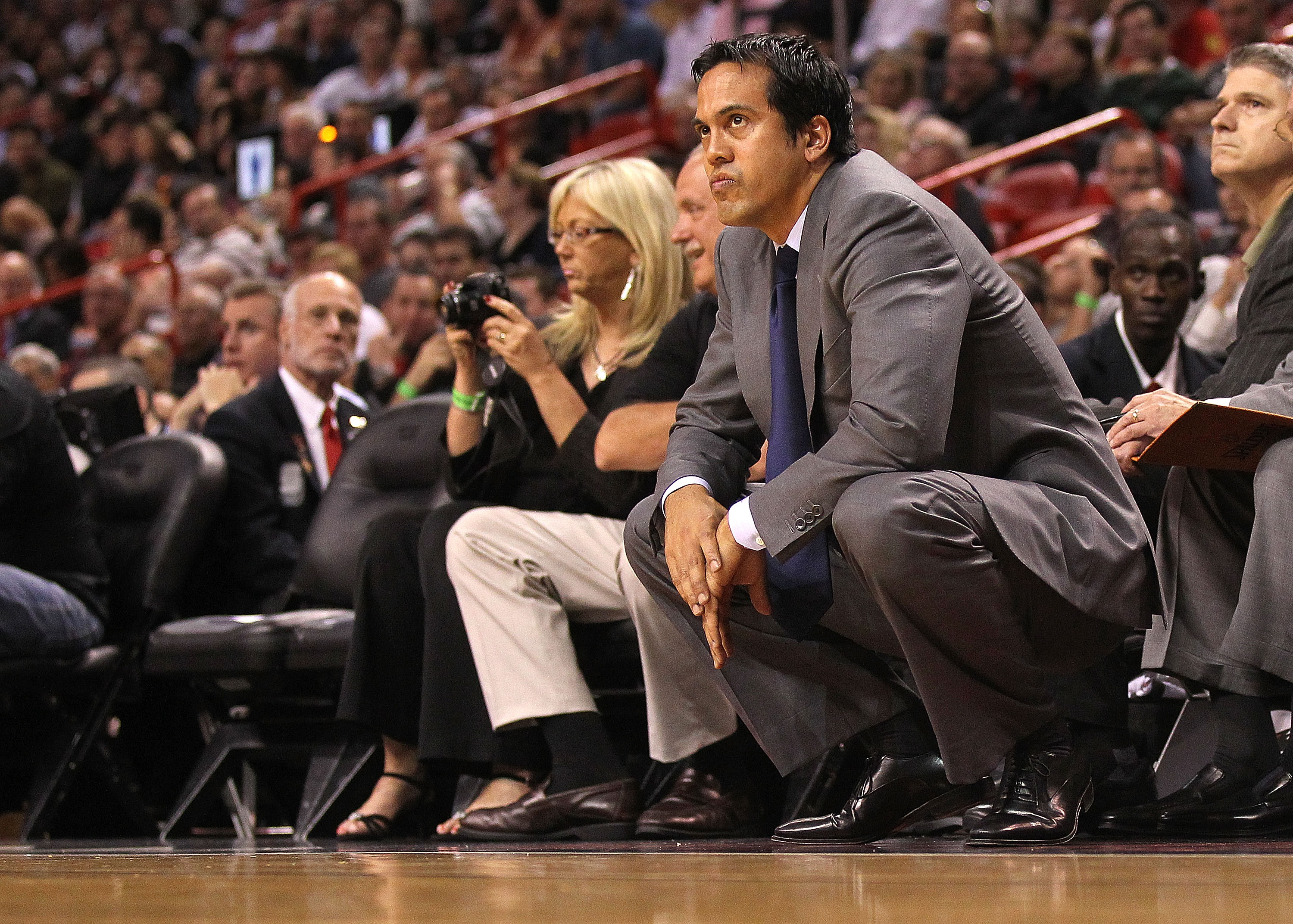 MIAMI - NOVEMBER 22:  Miami Heat head coach Erik Spoelstra looks on during a game against the Indiana Pacers at American Airlines Arena on November 22, 2010 in Miami, Florida. NOTE TO USER: User expressly acknowledges and agrees that, by downloading and/o