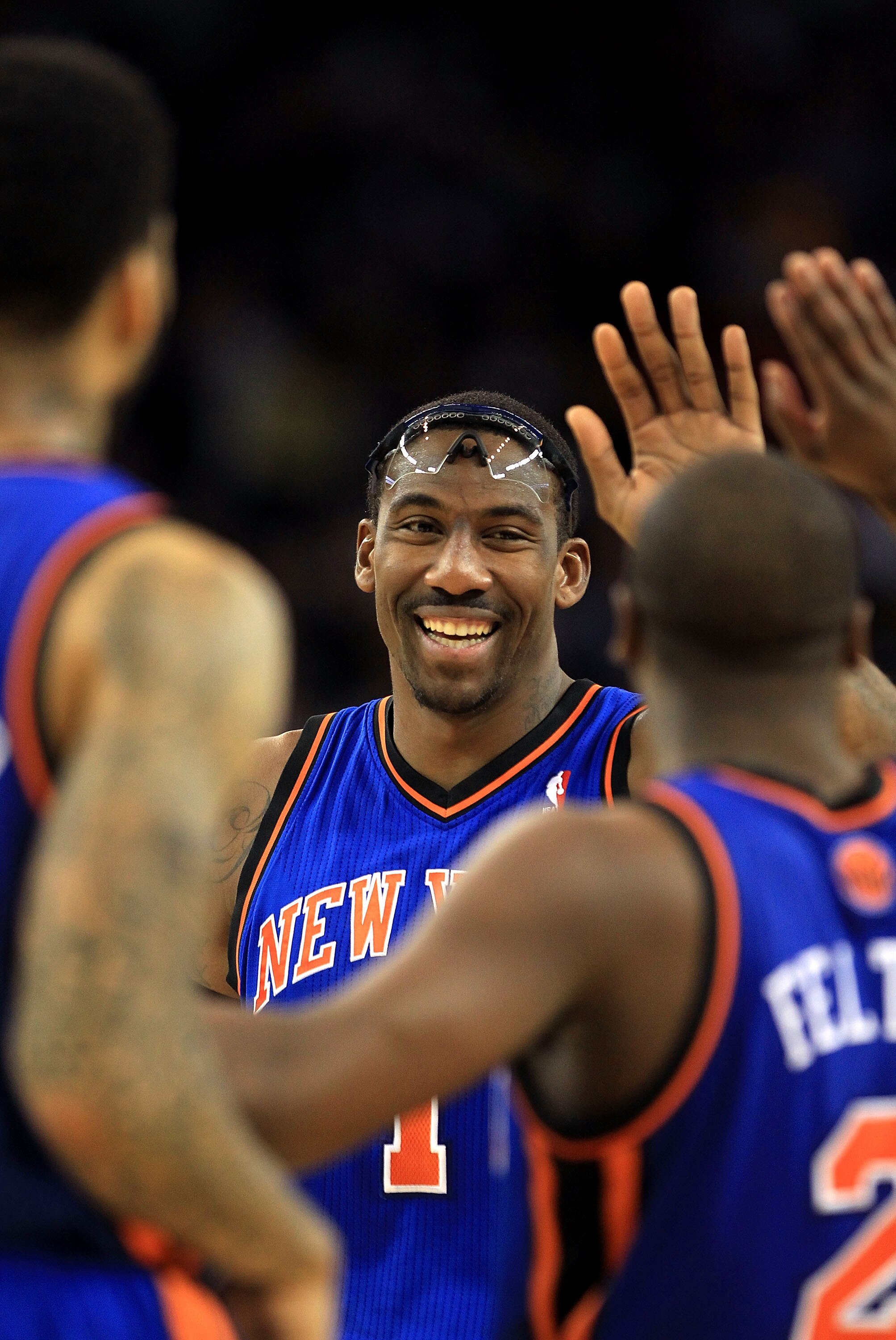 OAKLAND, CA - NOVEMBER 19:  Amar'e Stoudemire #1 of the New York Knicks is congratulated by teammates after he made a basket against the Golden State Warriors at Oracle Arena on November 19, 2010 in Oakland, California. NOTE TO USER: User expressly acknow