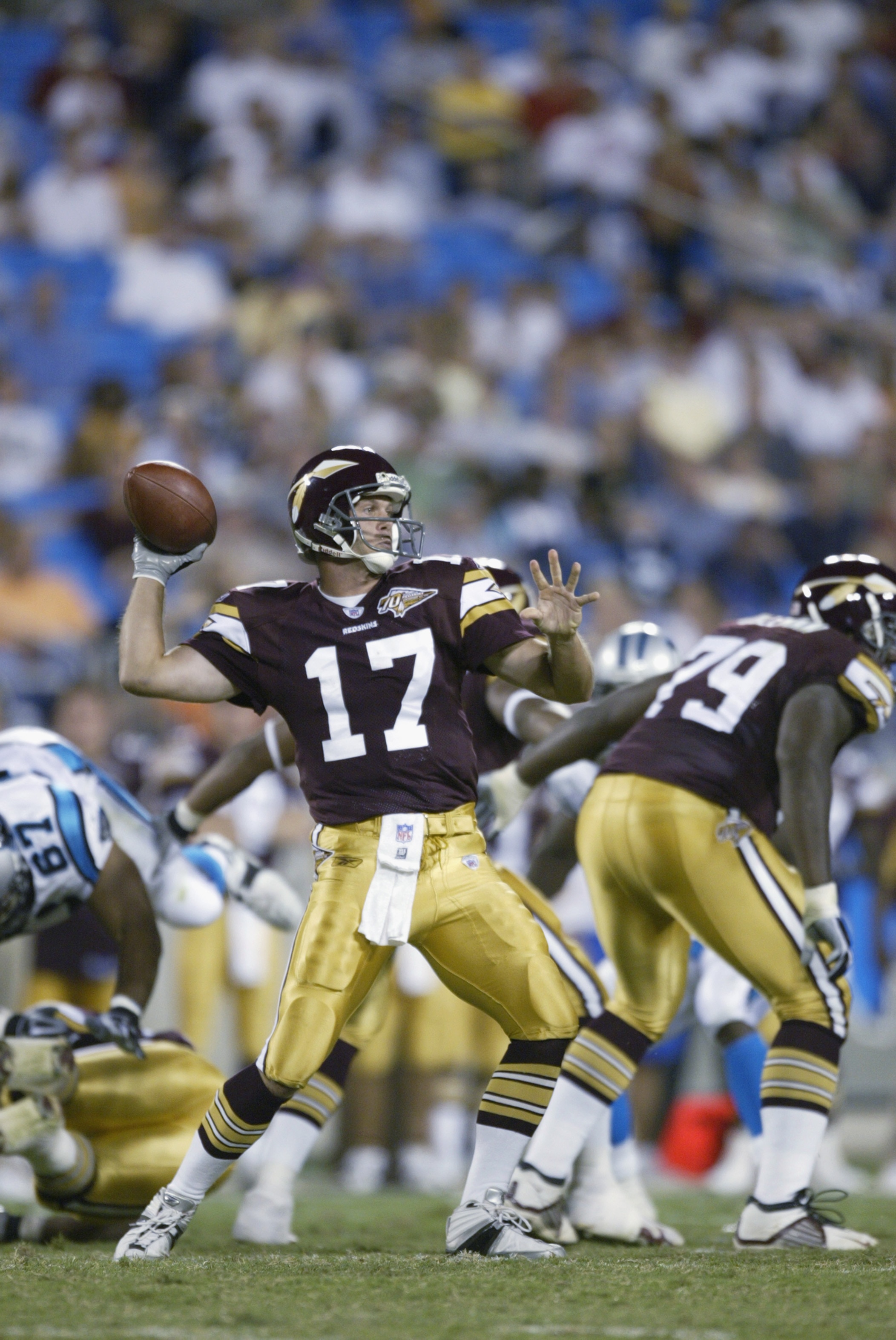 Charlotte, NC - Aug 10:  Danny Wuerffel #17 of the Redskins throws the ball during the Washington Redskins versus Carolina Panthers preseason game at Ericsson Stadium in Charlotte, North Carolina on August 10, 2002.  (Photo by Craig Jones/Getty Images)