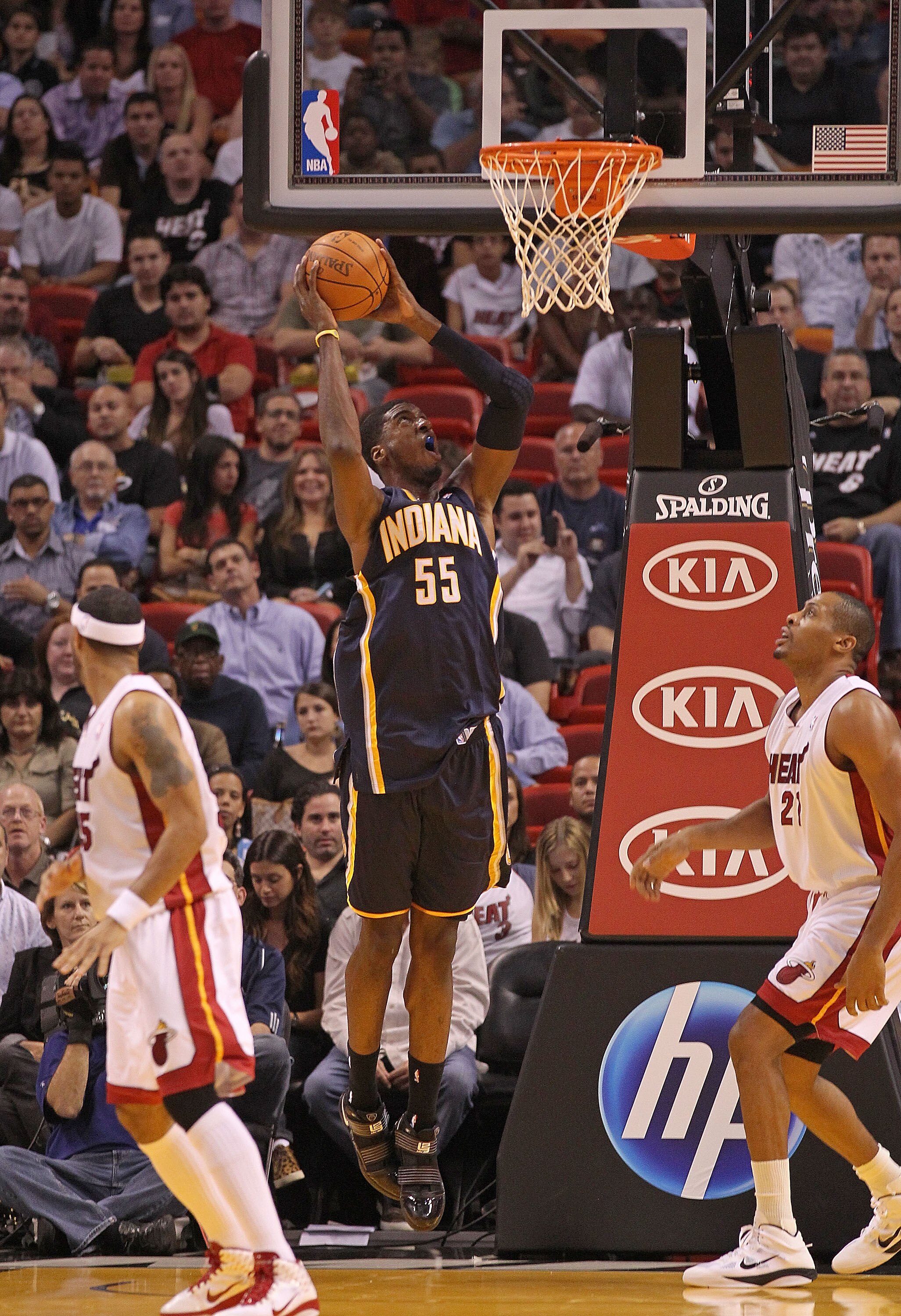 MIAMI - NOVEMBER 22: Roy Hibbert #55 of the Indiana Pacers dunks during a game against the Miami Heat at American Airlines Arena on November 22, 2010 in Miami, Florida. NOTE TO USER: User expressly acknowledges and agrees that, by downloading and/or using
