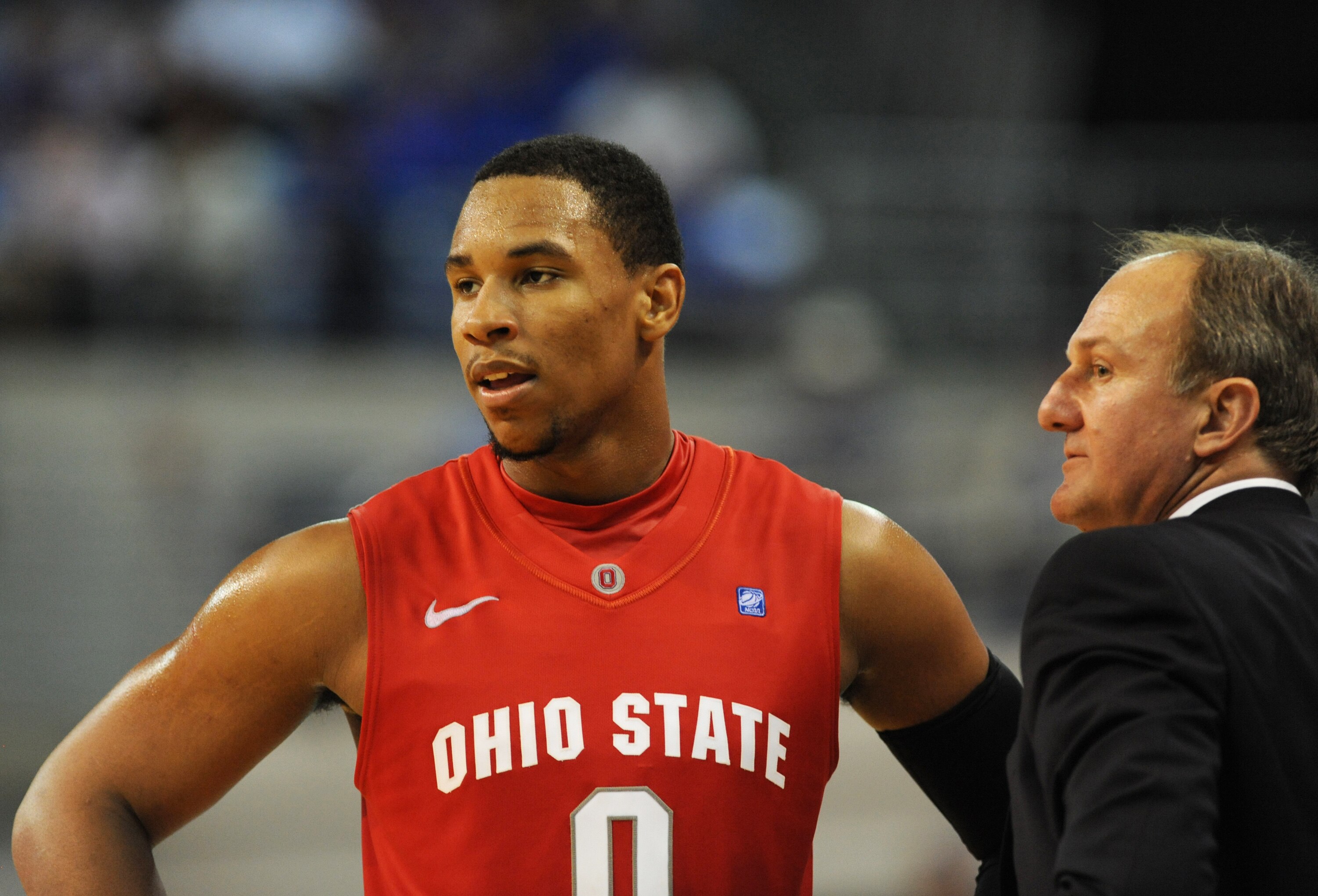 GAINESVILLE, FL - NOVEMBER 16: Coach Thad Matta of the Ohio State Buckeyes talks with forward Jared Sullinger #0 during play  against the Florida Gators November 16, 2010 at the Stephen C. O'Connell Center in Gainesville, Florida.  (Photo by Al Messerschm