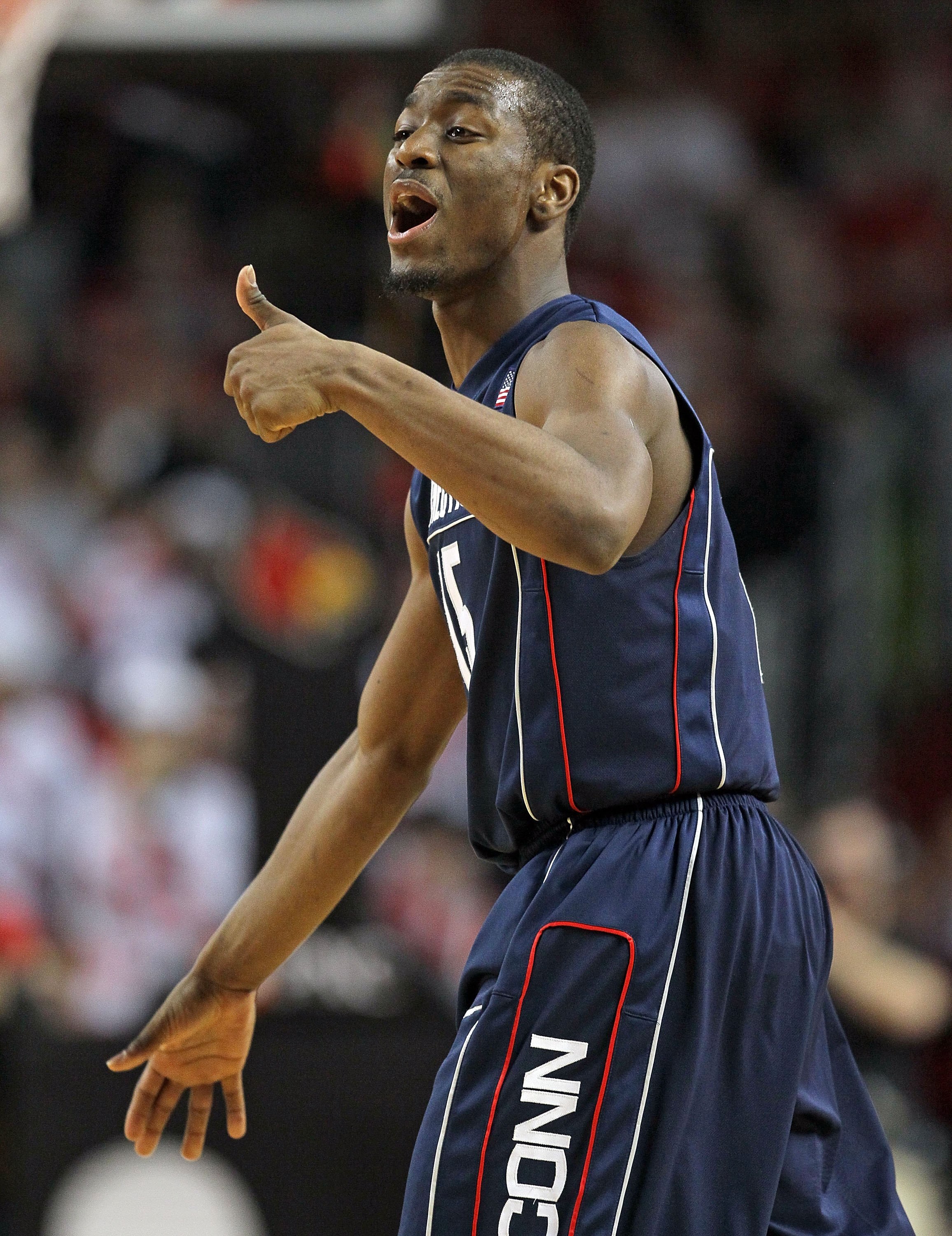 LOUISVILLE, KY - FEBRUARY 01:  Kemba Walker #15 of the Connecticut Huskies reacts during the Big East Conference game against the Louisville Cardinals on February 1, 2010 at Freedom Hall in Louisville, Kentucky.  (Photo by Andy Lyons/Getty Images)