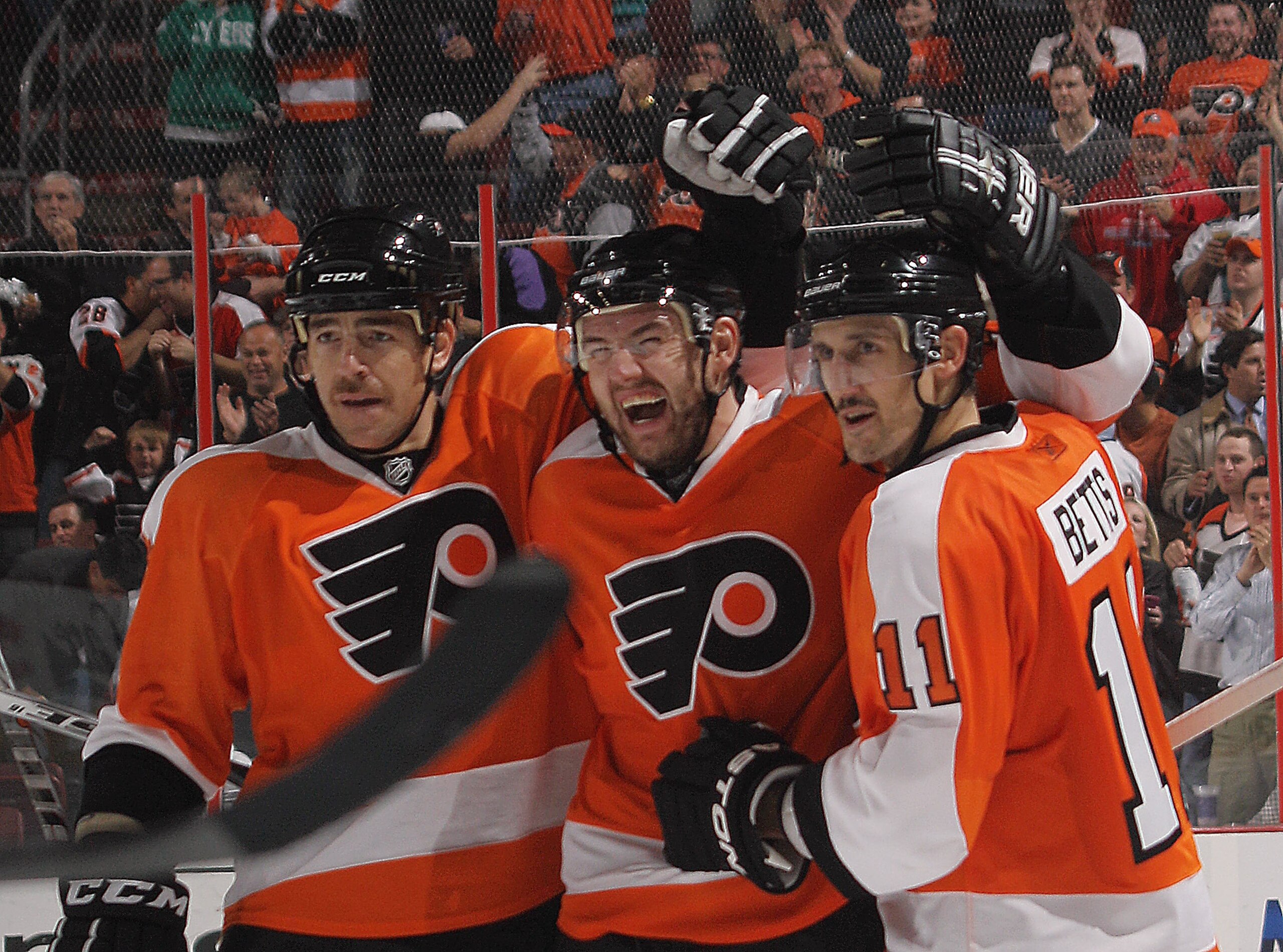 PHILADELPHIA - NOVEMBER 18: (L-R) Sean O'Donnell #6, Andrej Meszaros #41 and Blair Betts #11 of the Philadelphia Flyers celebrate Meszaros' second period goal against the Tampa Bay Lightning at the Wells Fargo Center on November 18, 2010 in Philadelphia, PHILADELPHIA - NOVEMBER 18: (L-R) Sean O'Donnell #6, Andrej Meszaros #41 and Blair Betts #11 of the Philadelphia Flyers celebrate Meszaros' second period goal against the Tampa Bay Lightning at the Wells Fargo Center on November 18, 2010 in Philadelphia,