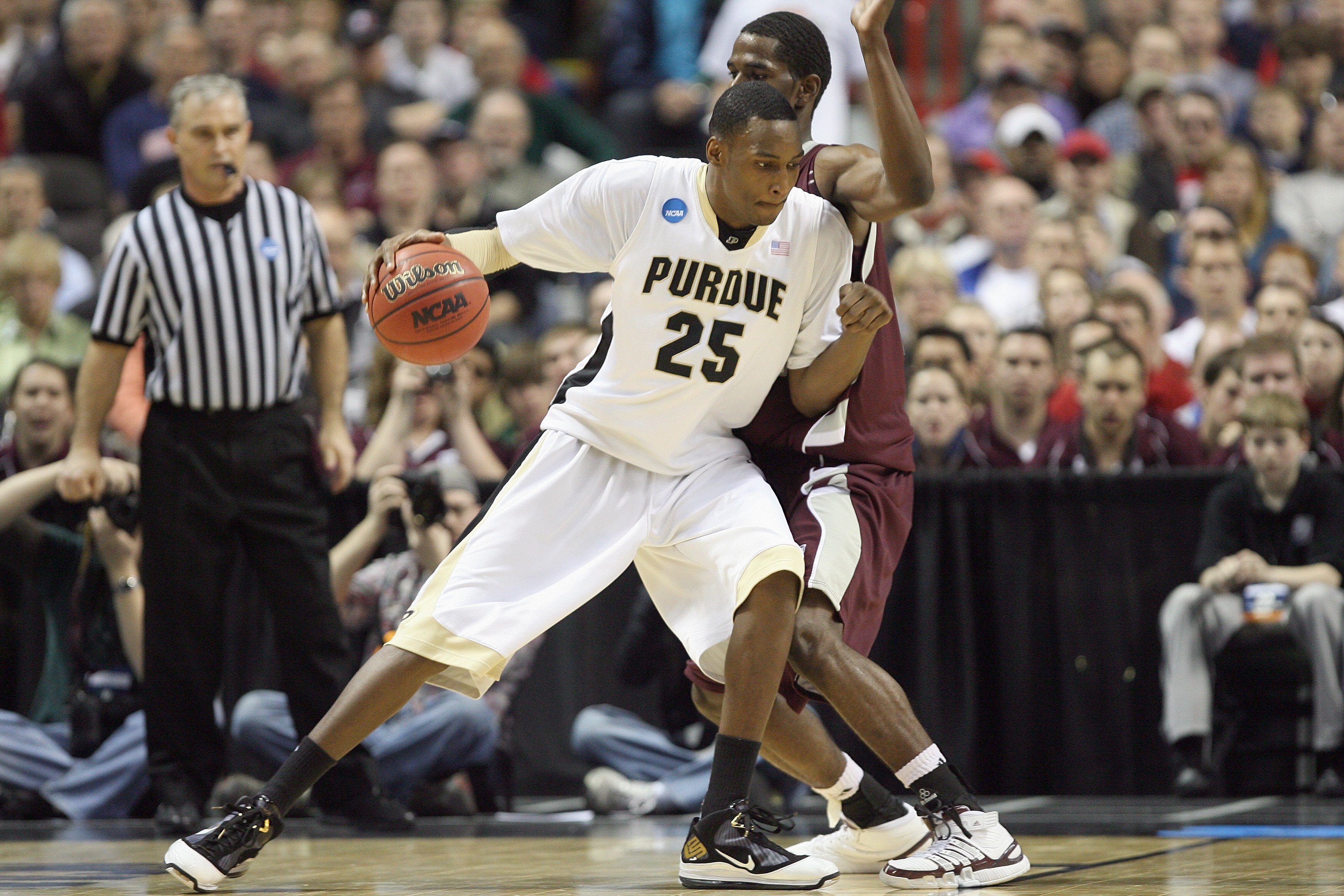 SPOKANE,WA - MARCH 21: JaJuan Johnson #25 of the Purdue Boilermakers drives the ball against the Texas A&M Aggies during the second round of the 2010 NCAA men's basketball tournament at the Spokane Arena on March 21, 2010 in Spokane, Washington. Purdue de