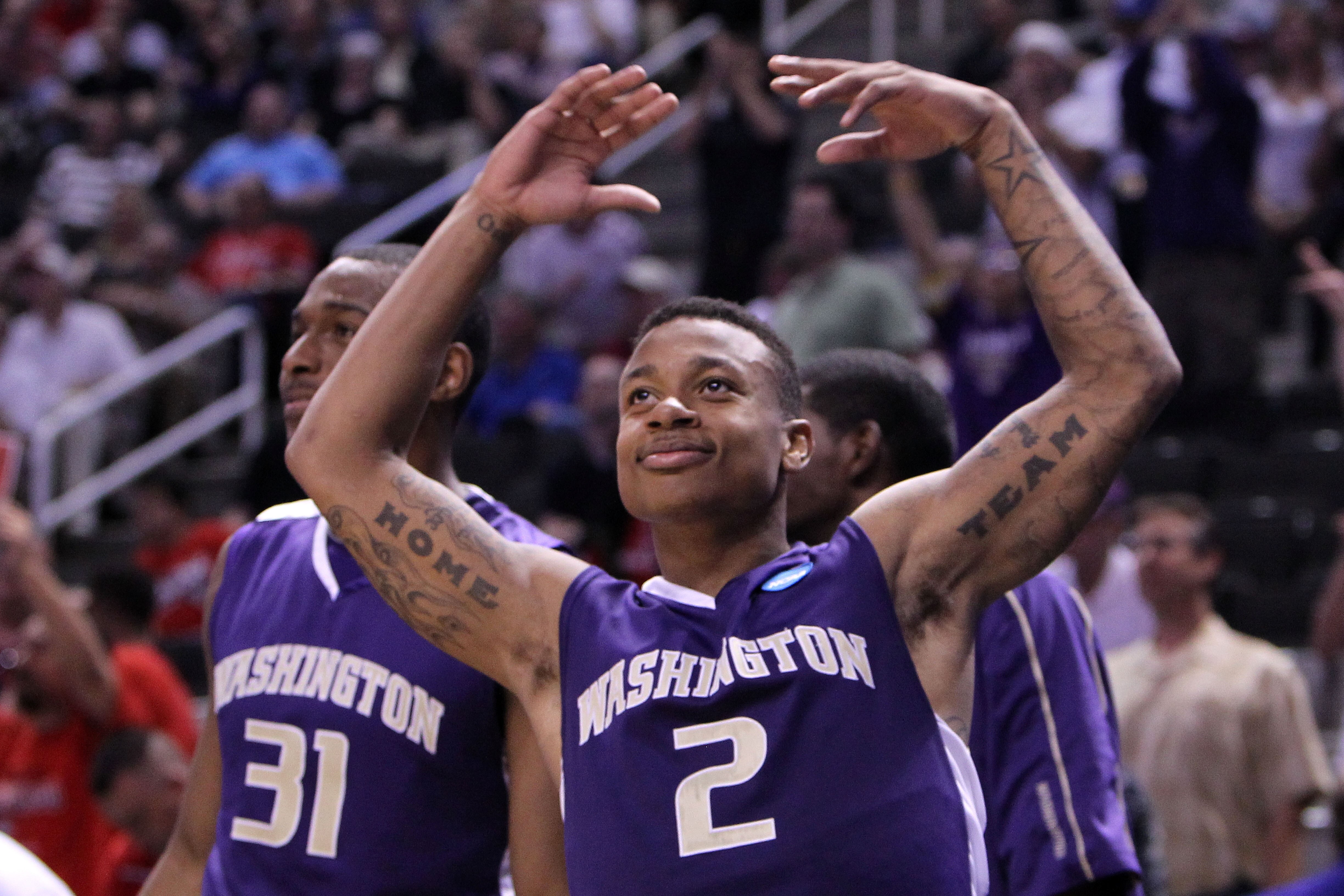 SAN JOSE, CA - MARCH 20:  Guard Isaiah Thomas #2 of the Washington Huskies reacts after a play during their 82-64 win over the New Mexico Lobos in the second round of the 2010 NCAA men's basketball tournament at HP Pavilion on March 20, 2010 in San Jose,