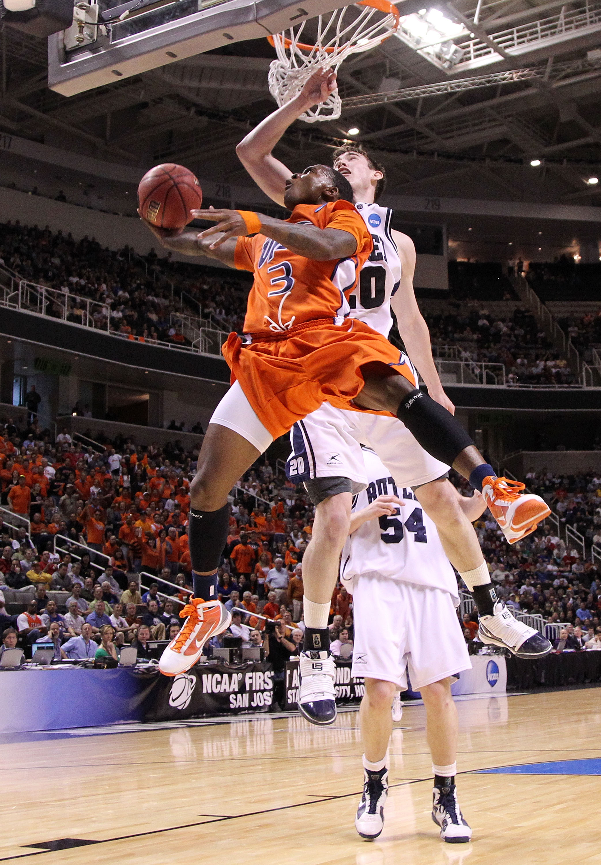 SAN JOSE, CA - MARCH 18:  Guard Randy Culpepper #3 of the UTEP Miners takes a shot against forward Gordon Hayward #20 of the Butler Bulldogs during the first round of the 2010 NCAA men's basketball tournament at HP Pavilion on March 18, 2010 in San Jose,