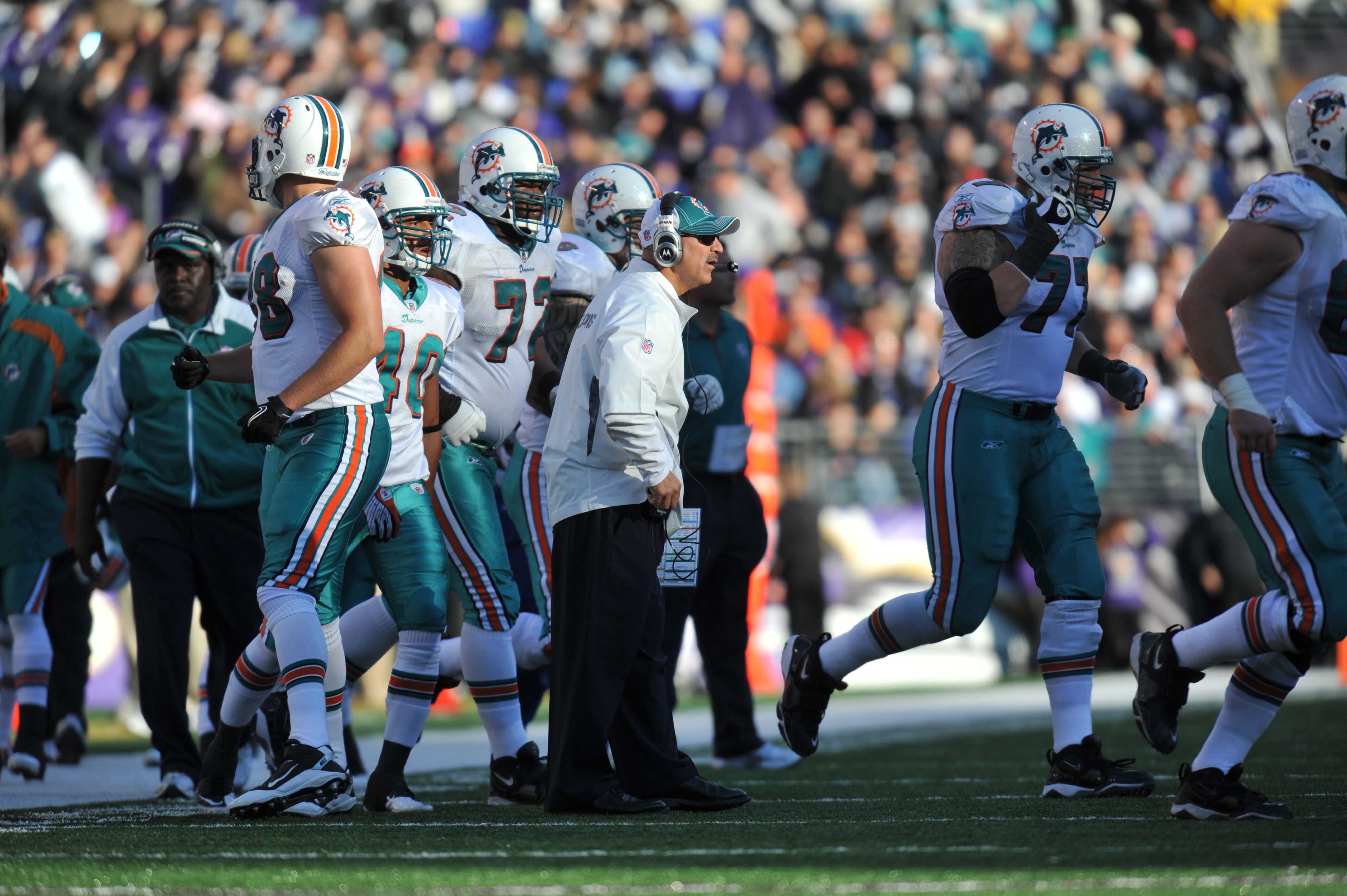 BALTIMORE, MD - NOVEMBER 7:  Head coach Tony Sparano of the Miami Dolphins coaches against the Baltimore Ravens at M&T Bank Stadium on November 7, 2010 in Baltimore, Maryland. The Ravens defeated the Dolphins 26-10. (Photo by Larry French/Getty Images)