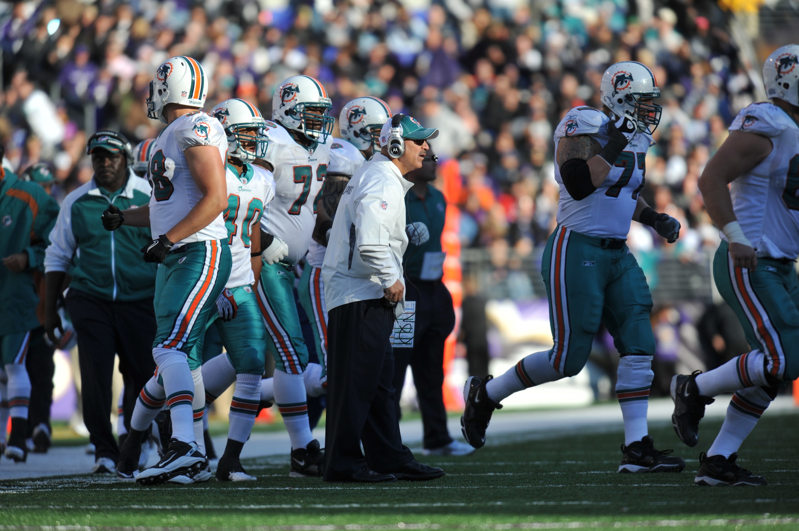 BALTIMORE, MD - NOVEMBER 7: Head coach Tony Sparano of the Miami Dolphins coaches against the Baltimore Ravens at M&T Bank Stadium on November 7, 2010 in Baltimore, Maryland. The Ravens defeated the Dolphins 26-10. (Photo by Larry French/Getty Images) BALTIMORE, MD - NOVEMBER 7: Head coach Tony Sparano of the Miami Dolphins coaches against the Baltimore Ravens at M&T Bank Stadium on November 7, 2010 in Baltimore, Maryland. The Ravens defeated the Dolphins 26-10. (Photo by Larry French/Getty Images)