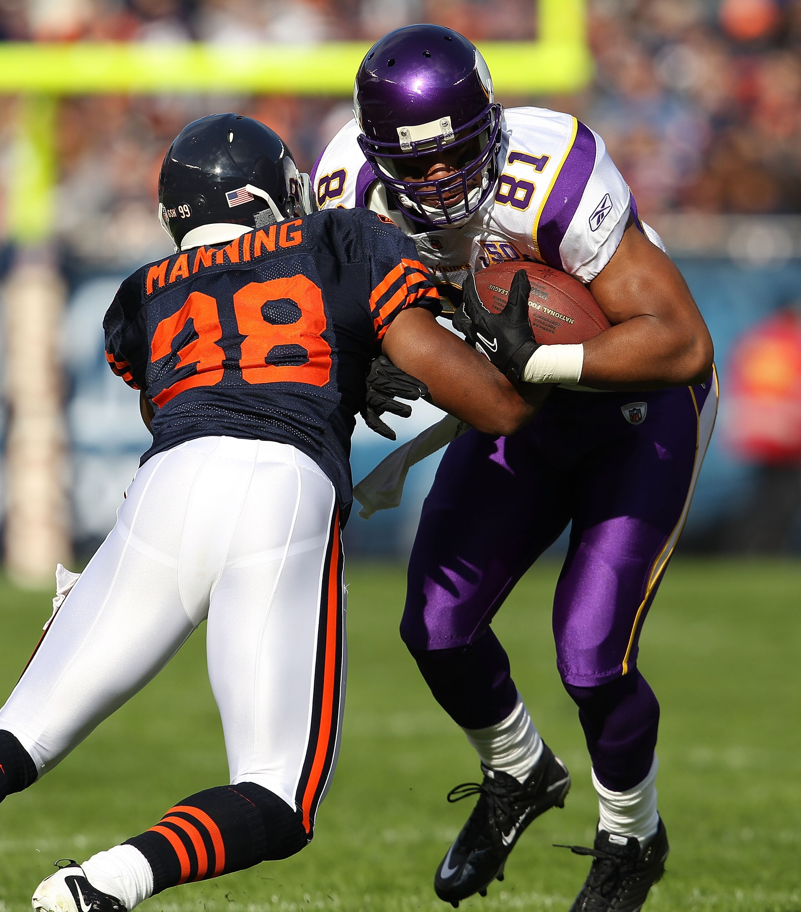 CHICAGO - NOVEMBER 14: Danieal Manning #38 of the Chicago Bears hits Visanthe Shiancoe #81 the Minnesota Vikings at Soldier Field on November 14, 2010 in Chicago, Illinois. The Bears defeated the Vikings 27-13. (Photo by Jonathan Daniel/Getty Images)