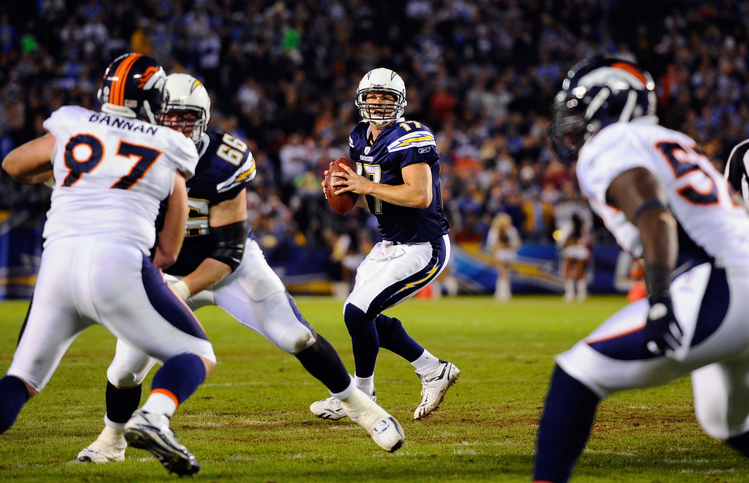 SAN DIEGO - NOVEMBER 22:  Quarterback Philip Rivers #17 of the San Diego Chargers in action  against Denver Broncos at Qualcomm Stadium on November 22, 2010 in San Diego, California.  (Photo by Kevork Djansezian/Getty Images)