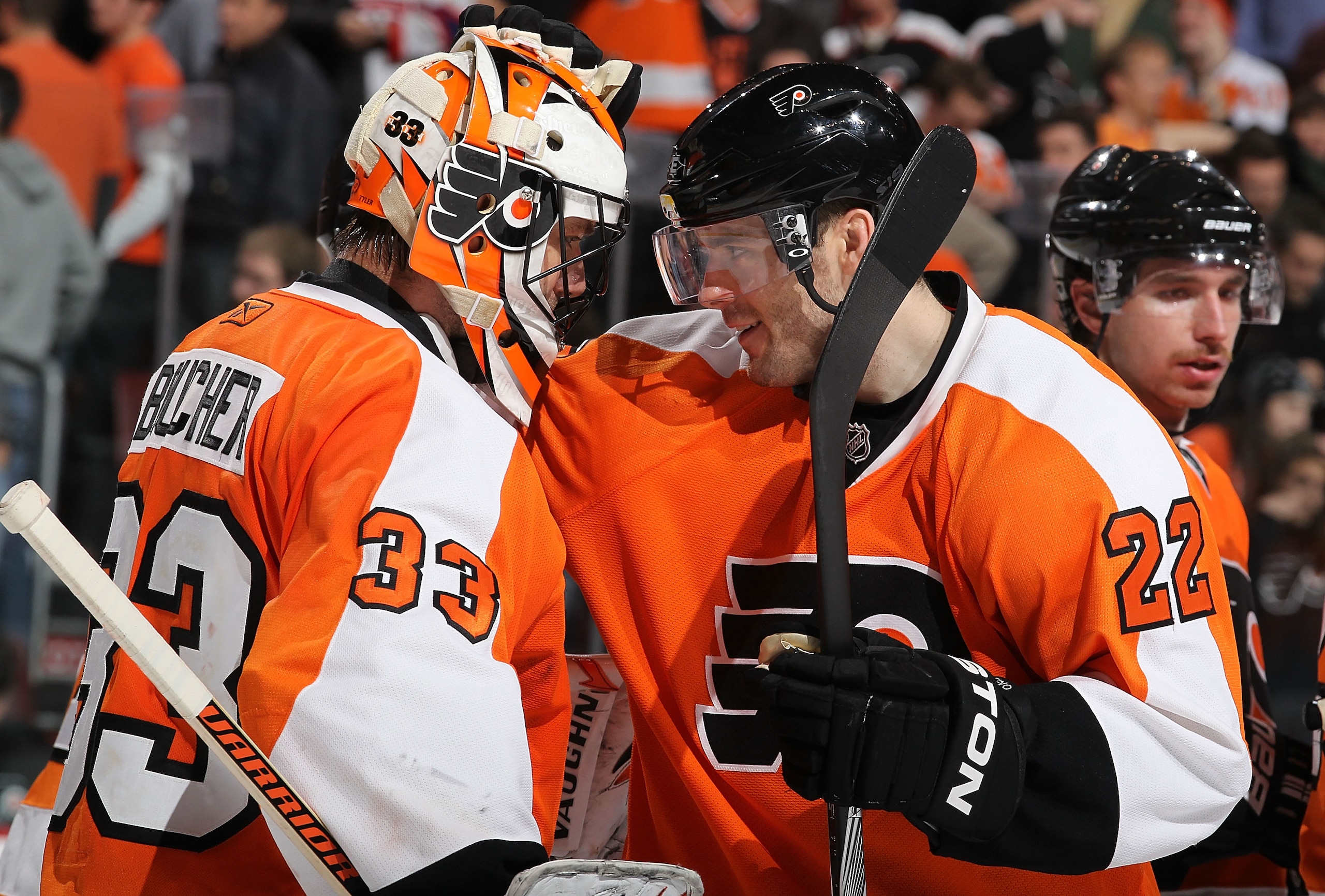 PHILADELPHIA - NOVEMBER 22:  Brian Boucher #33 and Ville Leino #22 of The Philadelphia Flyers celebrate a 3-2 win against the Montreal Canadiens on November 22, 2010 at The Wells Fargo Center in Philadelphia, Pennsylvania.  (Photo by Al Bello/Getty Images